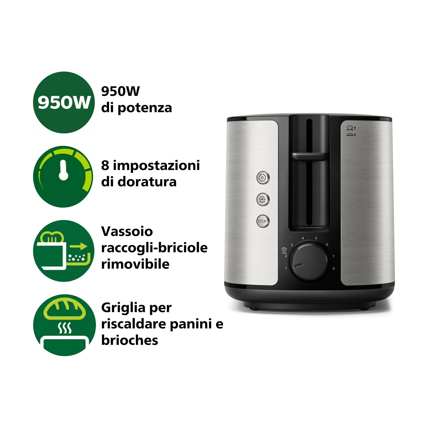 Tostapane argento e nero con icone e manopola. Testo in italiano: 950W, 8 impostazioni, ecc.