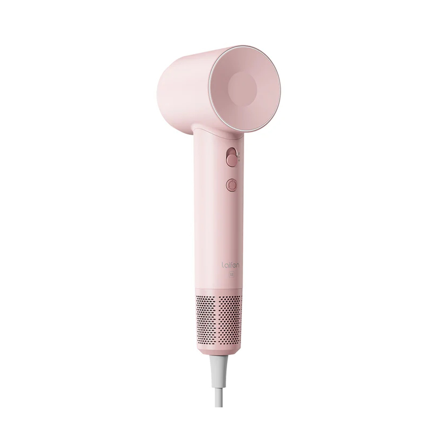 Asciugacapelli rosa su sfondo bianco. Ha una testa rotonda e un manico lungo.