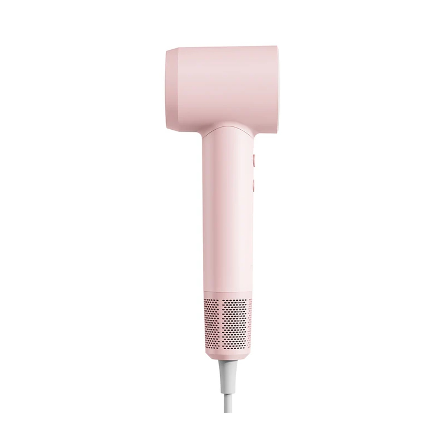 Un asciugacapelli rosa con un lungo manico e una testa rotonda, visto frontalmente.