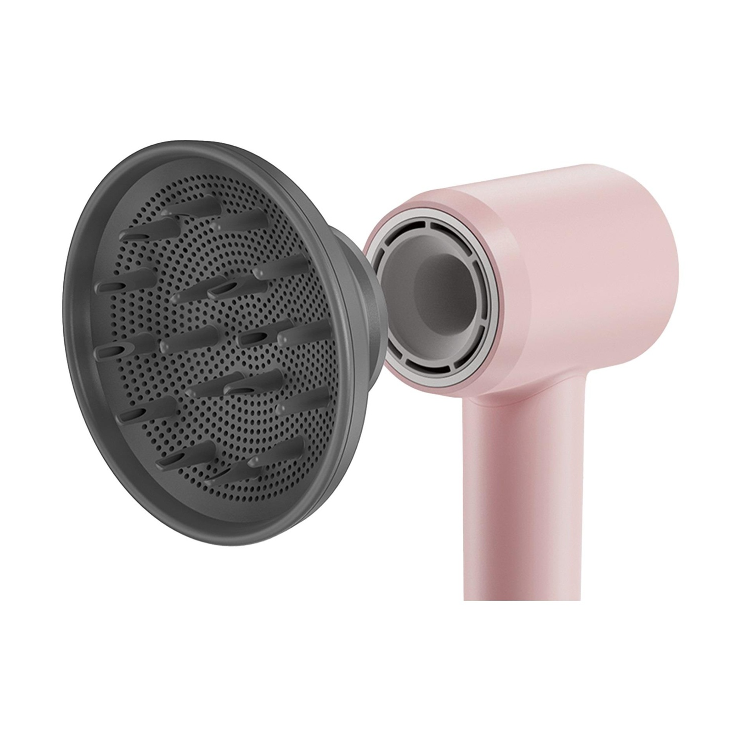Asciugacapelli rosa con diffusore attaccato, angolato a sinistra.