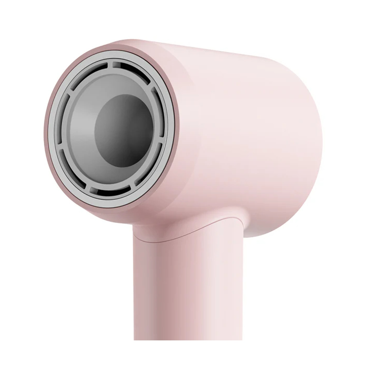 Asciugacapelli rosa, primo piano, con corpo cilindrico e ugello.
