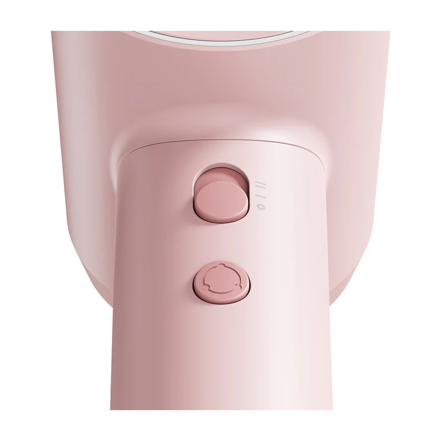 Asciugacapelli rosa, primo piano dei pulsanti. Due pulsanti visibili. Sfondo bianco.