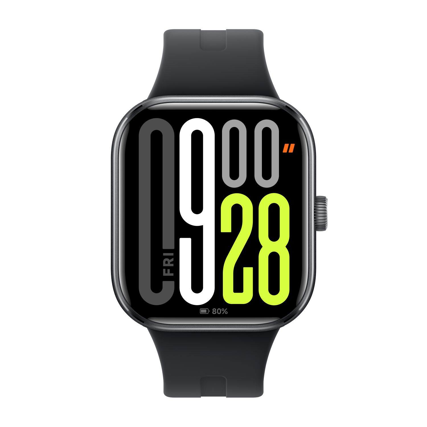 Une montre connectée noire avec un écran carré, affichant l'heure et le pourcentage de batterie.