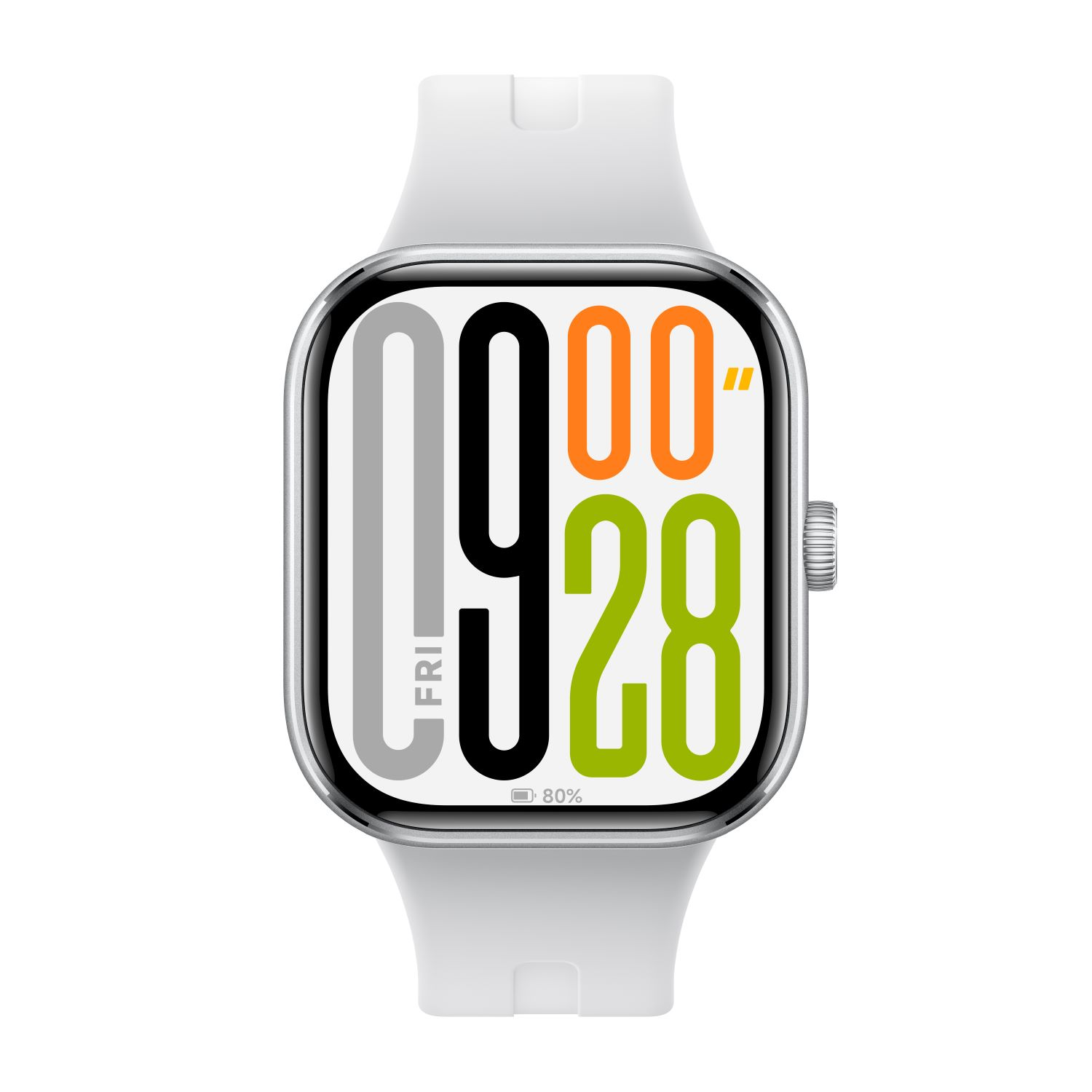 Montre intelligente blanche avec écran noir affichant l'heure.