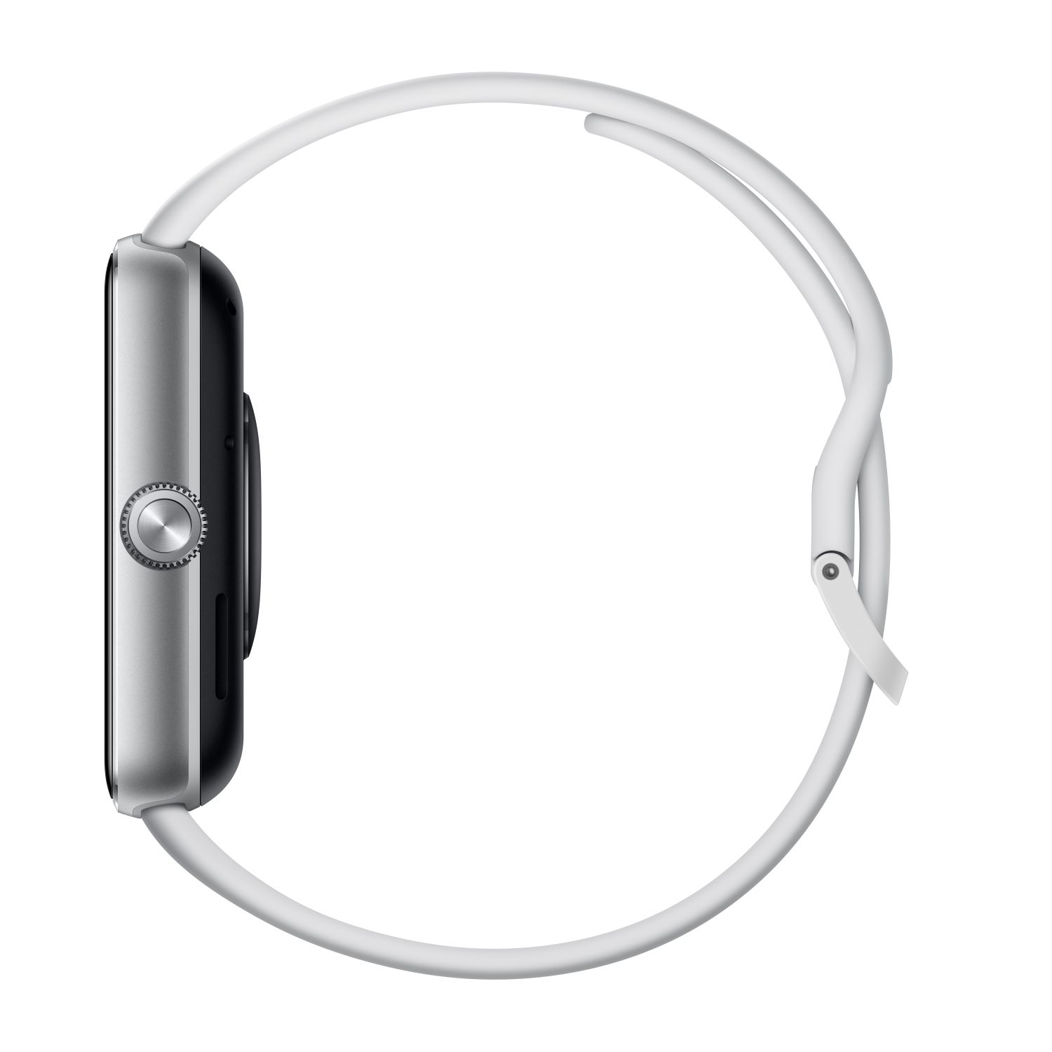 Vue latérale d'une montre connectée avec un bracelet blanc, montrant le bouton et le cadran.