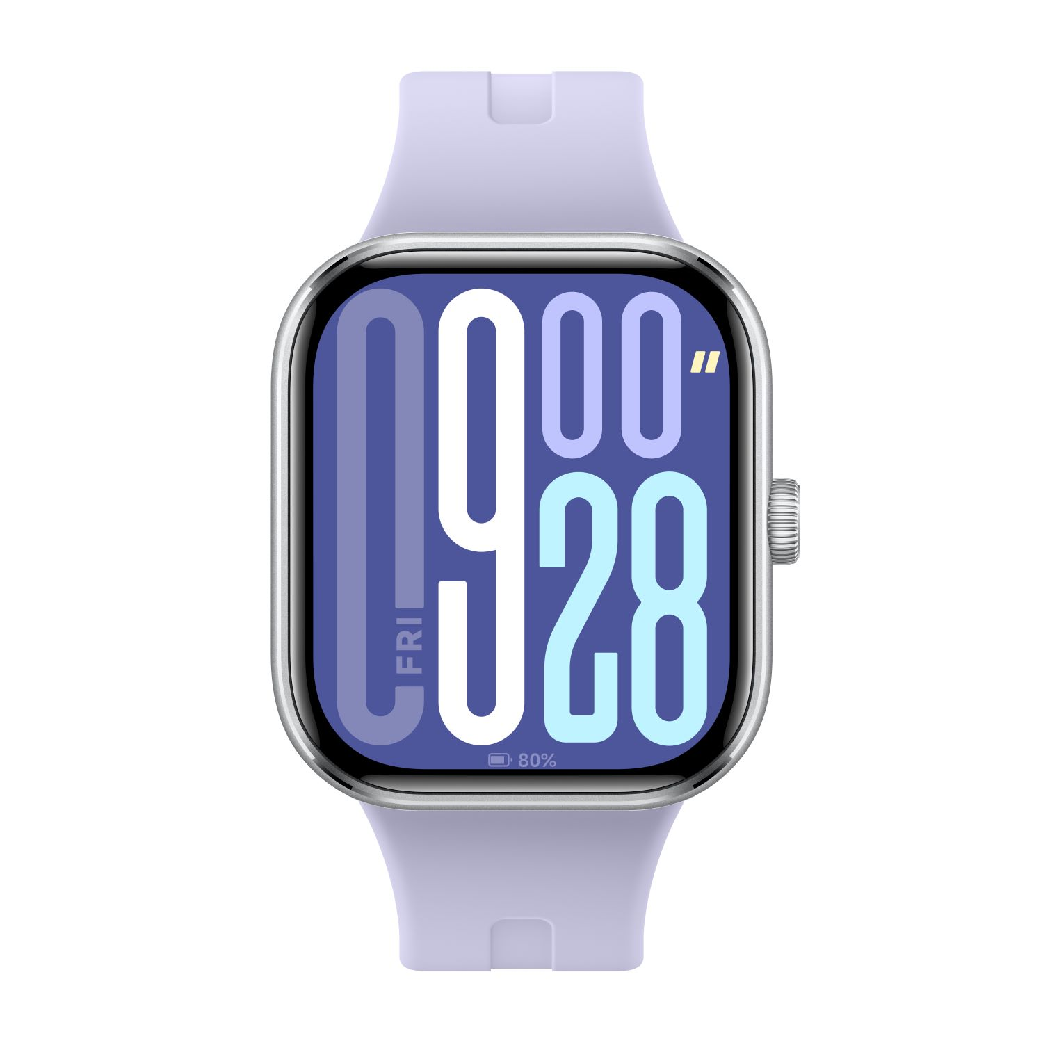 Une montre connectée avec un bracelet lavande, affichant l'heure et le pourcentage de batterie.