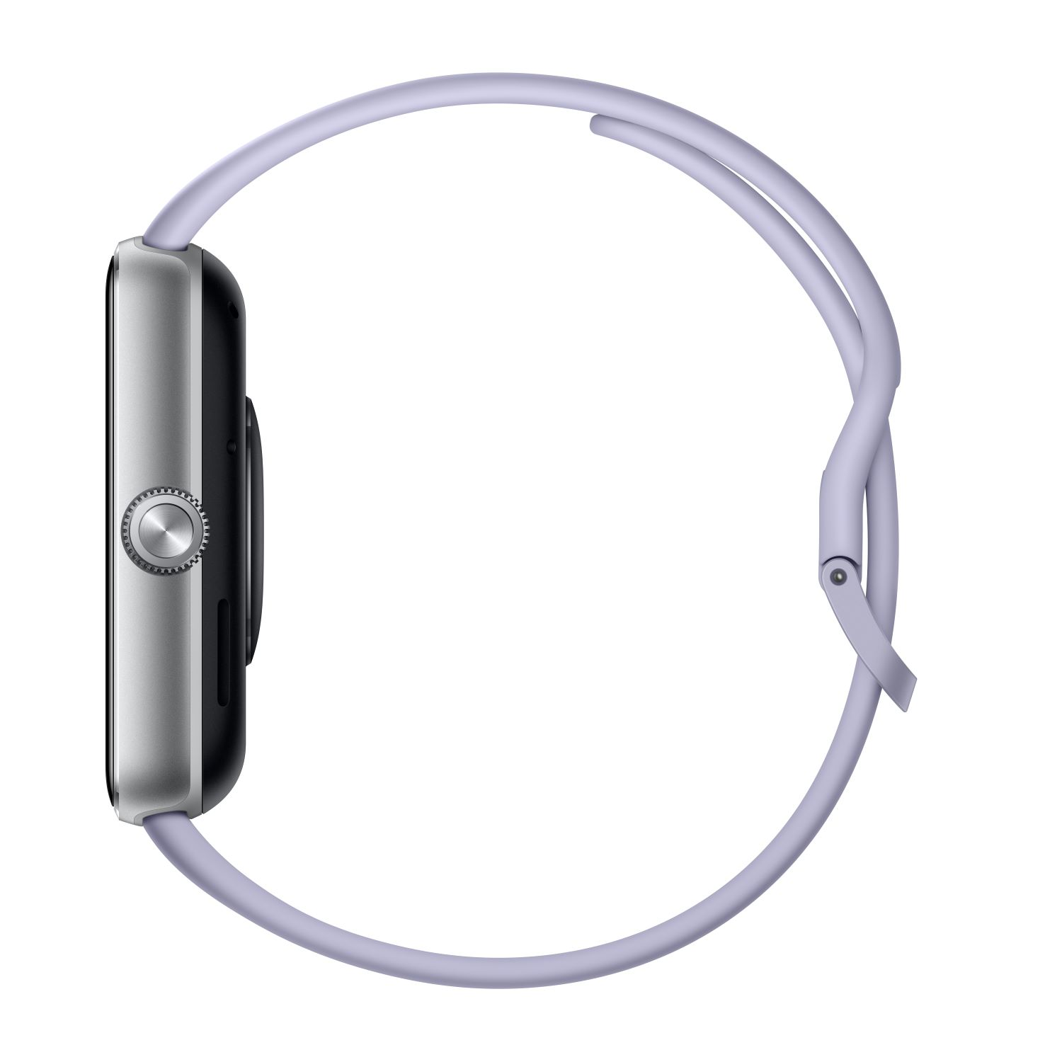 Vue latérale d'une montre intelligente avec un bracelet lilas clair.