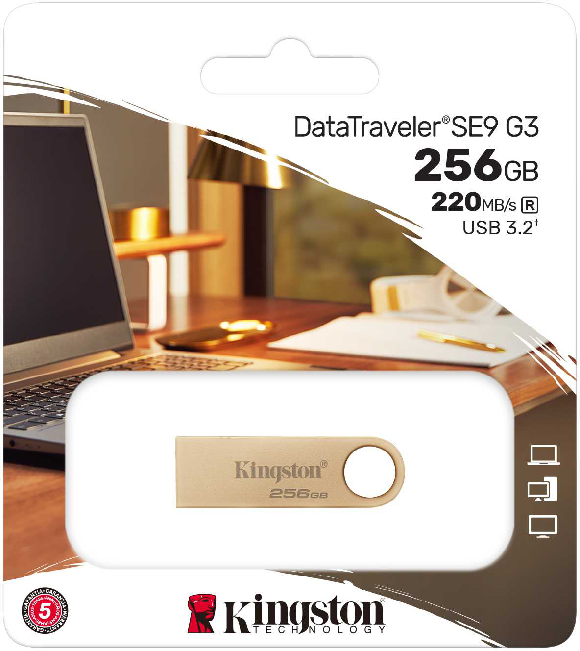 Kingston DataTraveler SE9 G3 256GB-os USB meghajtó, csomagolás és laptop.