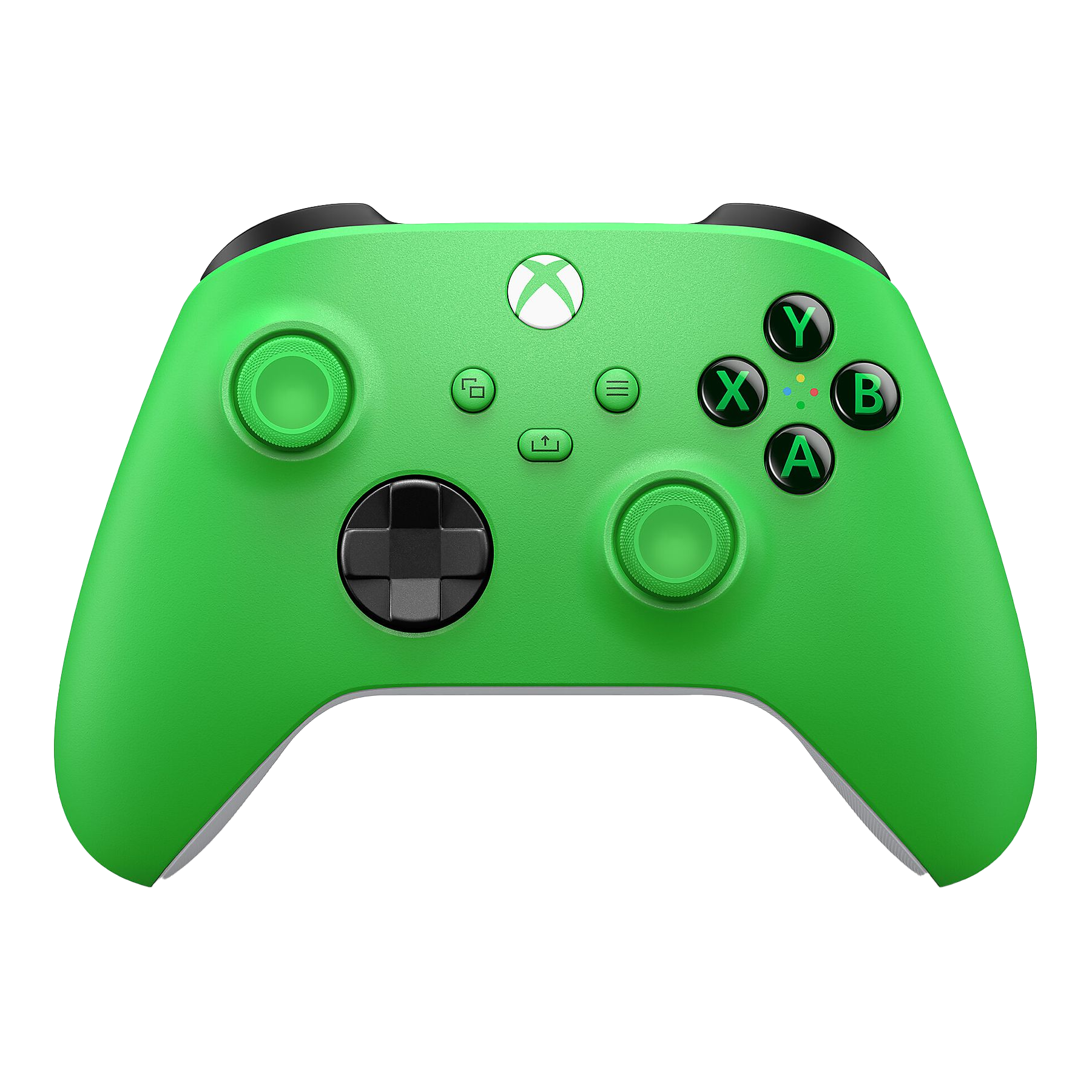 Zielony kontroler Xbox z czarnymi przyciskami i białym logo, na czarnym tle.