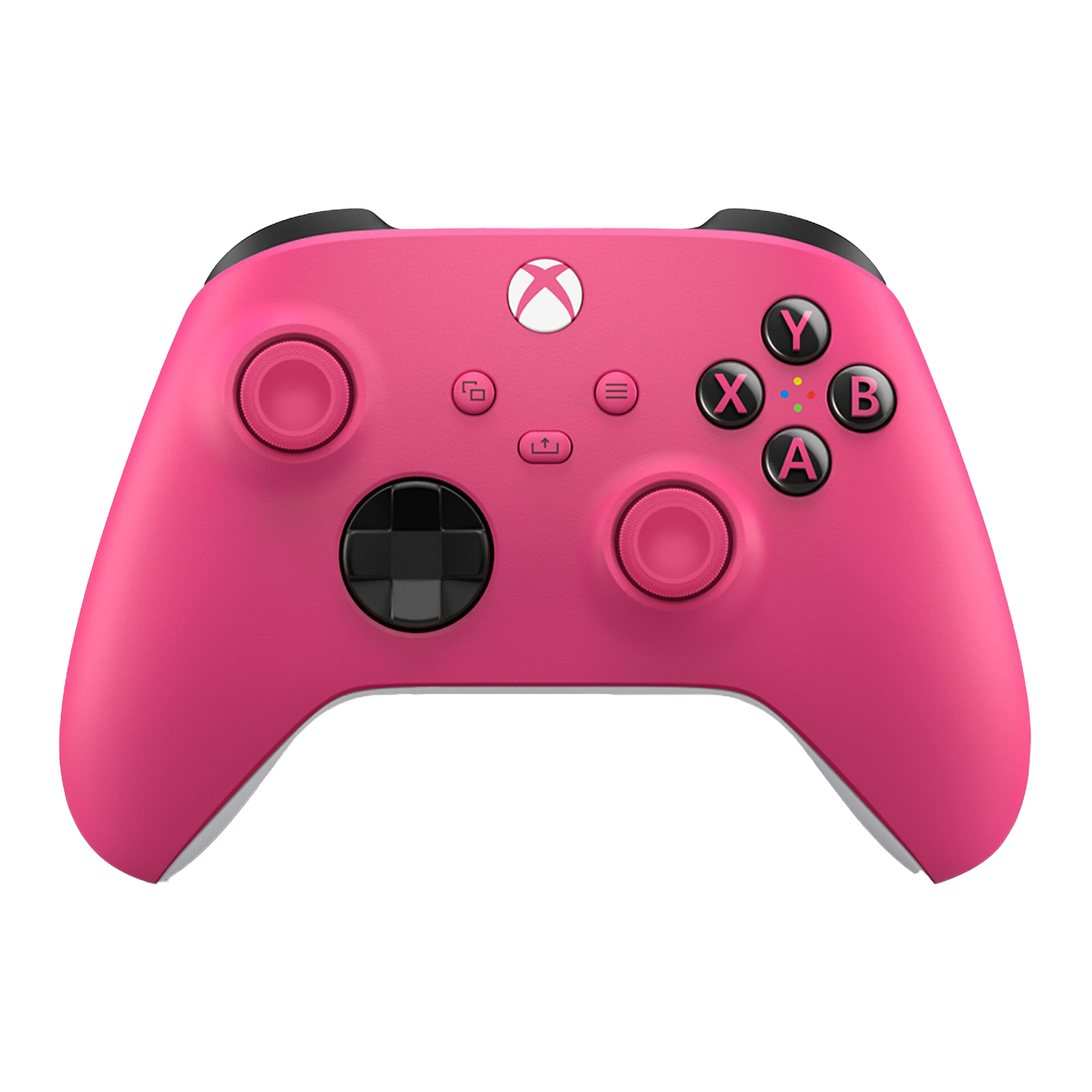 Różowy kontroler Xbox z przyciskami i białym logo Xbox.