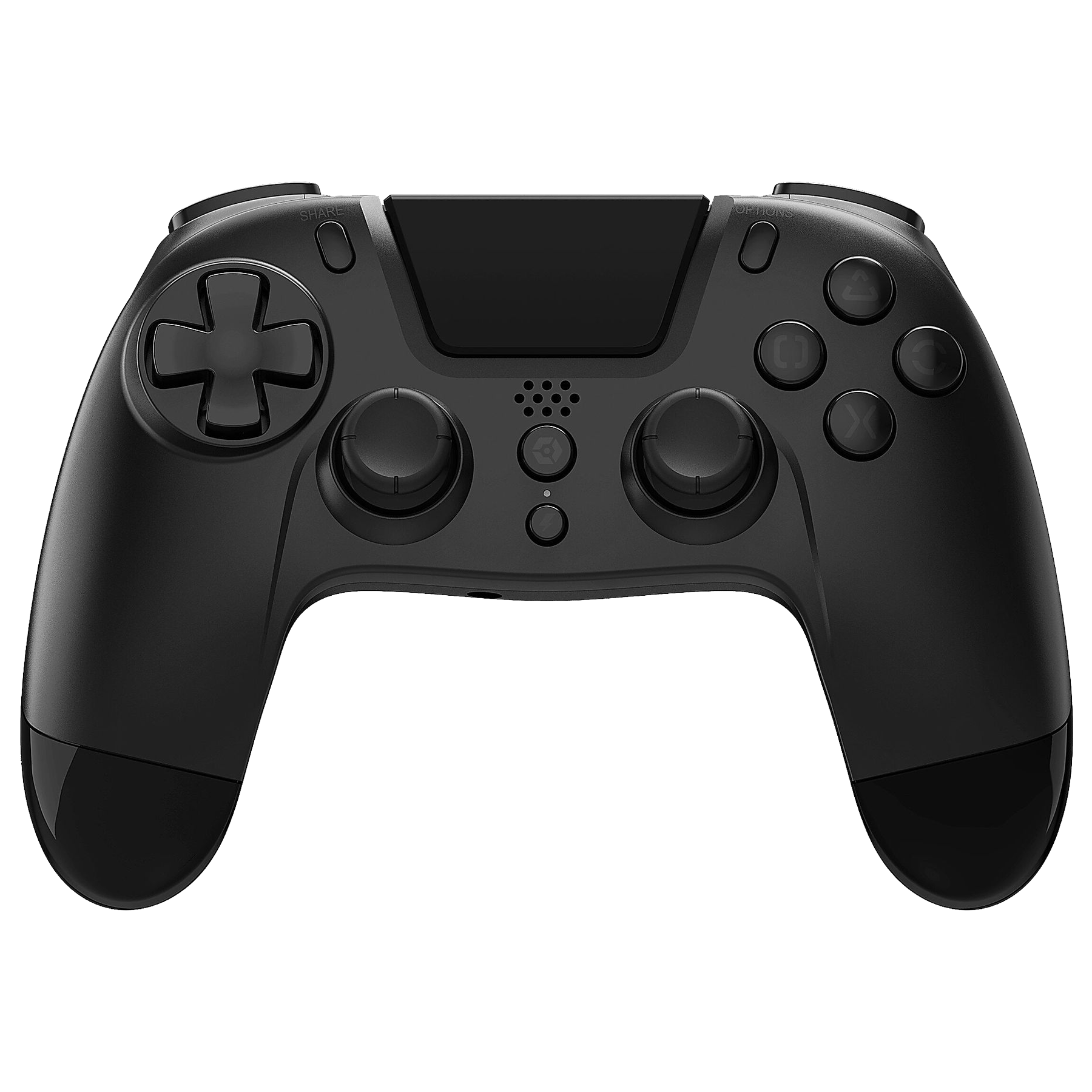 Czarny kontroler gier z wieloma przyciskami i padem kierunkowym, na czarnym tle.