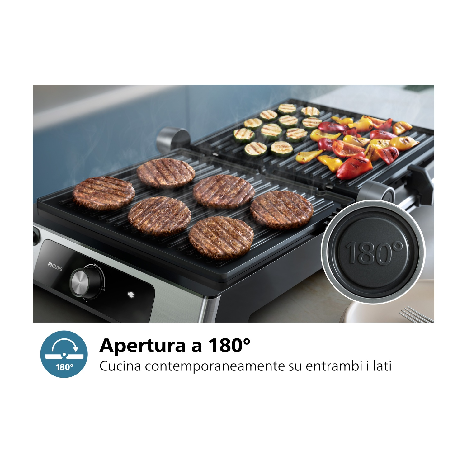Griglia Philips con hamburger e verdure grigliate. Testo: Apertura a 180°.