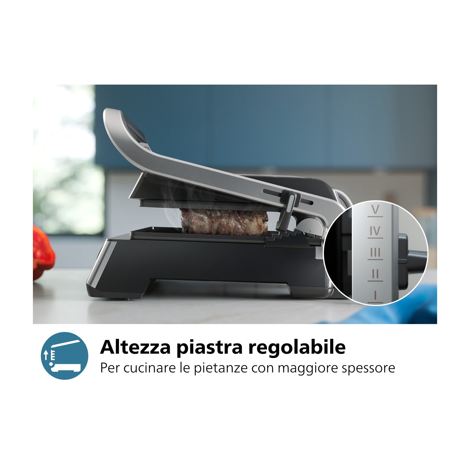 Griglia Philips con bistecca. Testo: Altezza piastra regolabile.