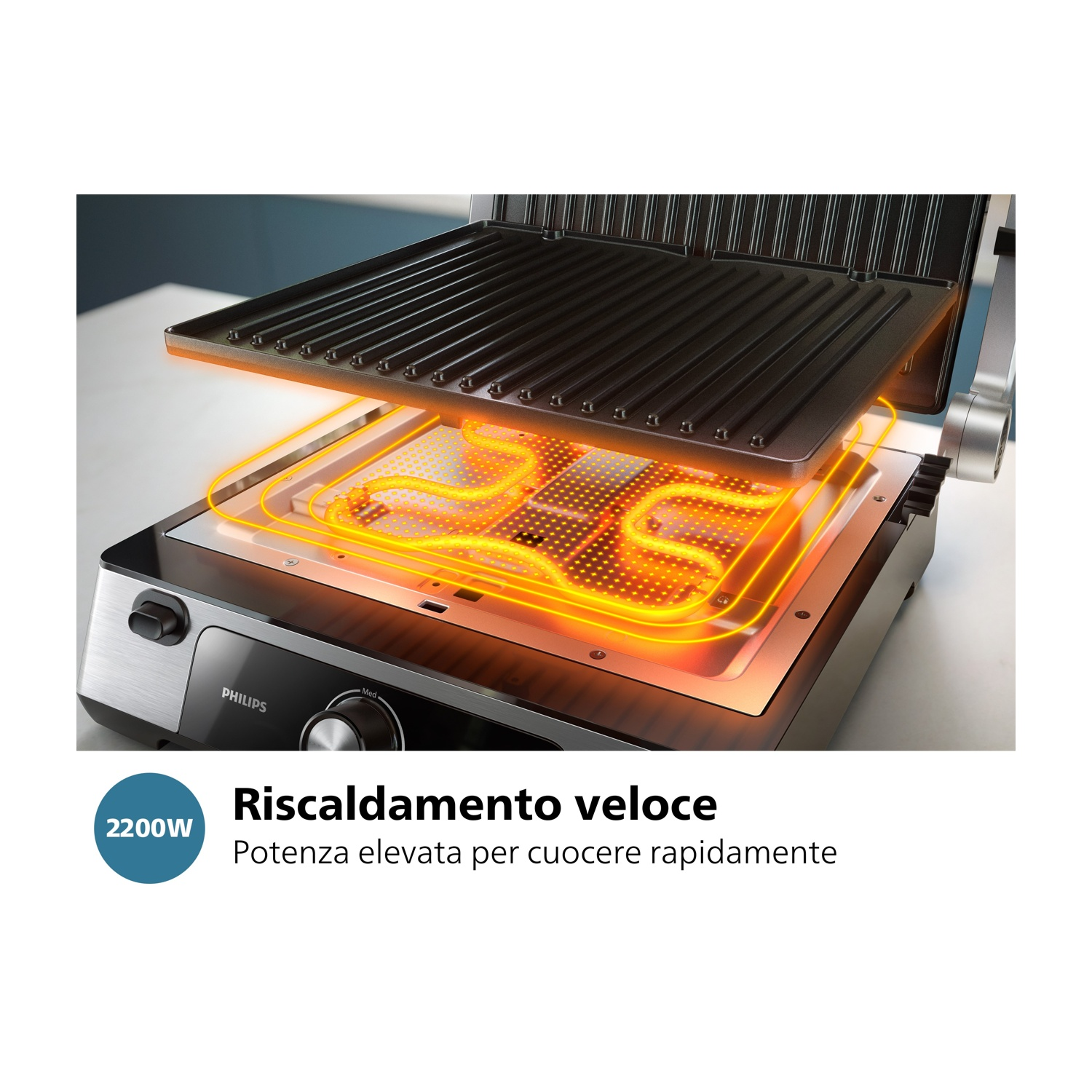 Griglia Philips con la parte superiore aperta, che mostra gli elementi riscaldanti e il pannello di controllo.