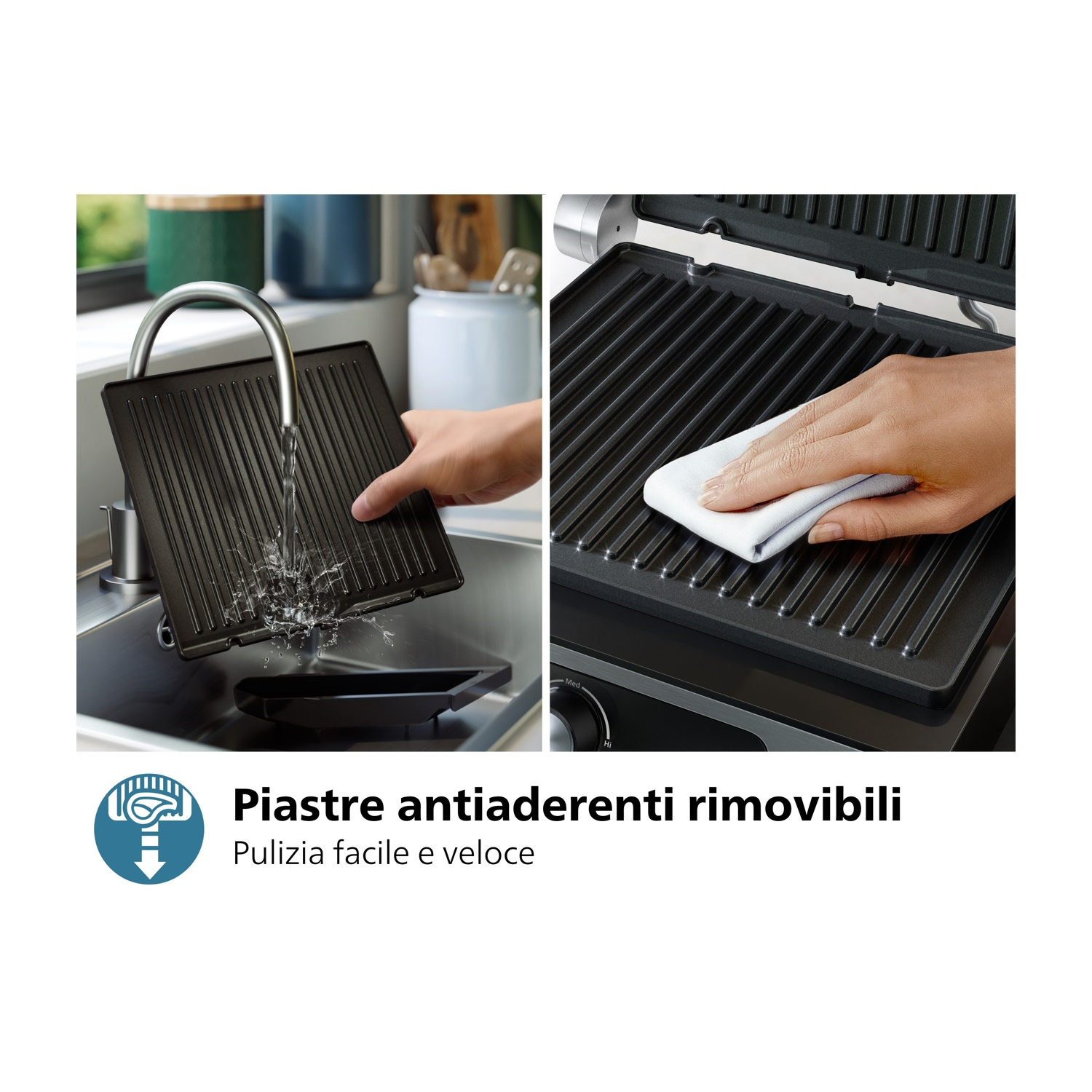 Mano che lava una piastra per griglia nera sotto un rubinetto.
