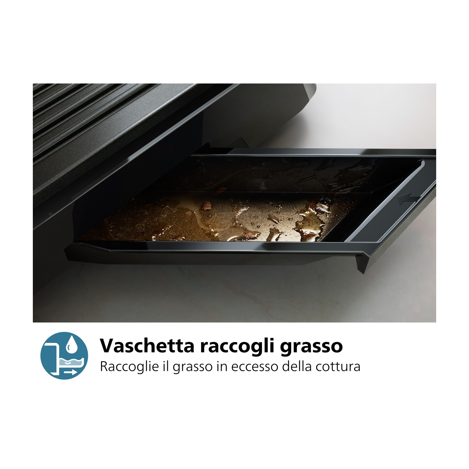 Elettrodomestico nero con vassoio, mostra la raccolta del grasso.