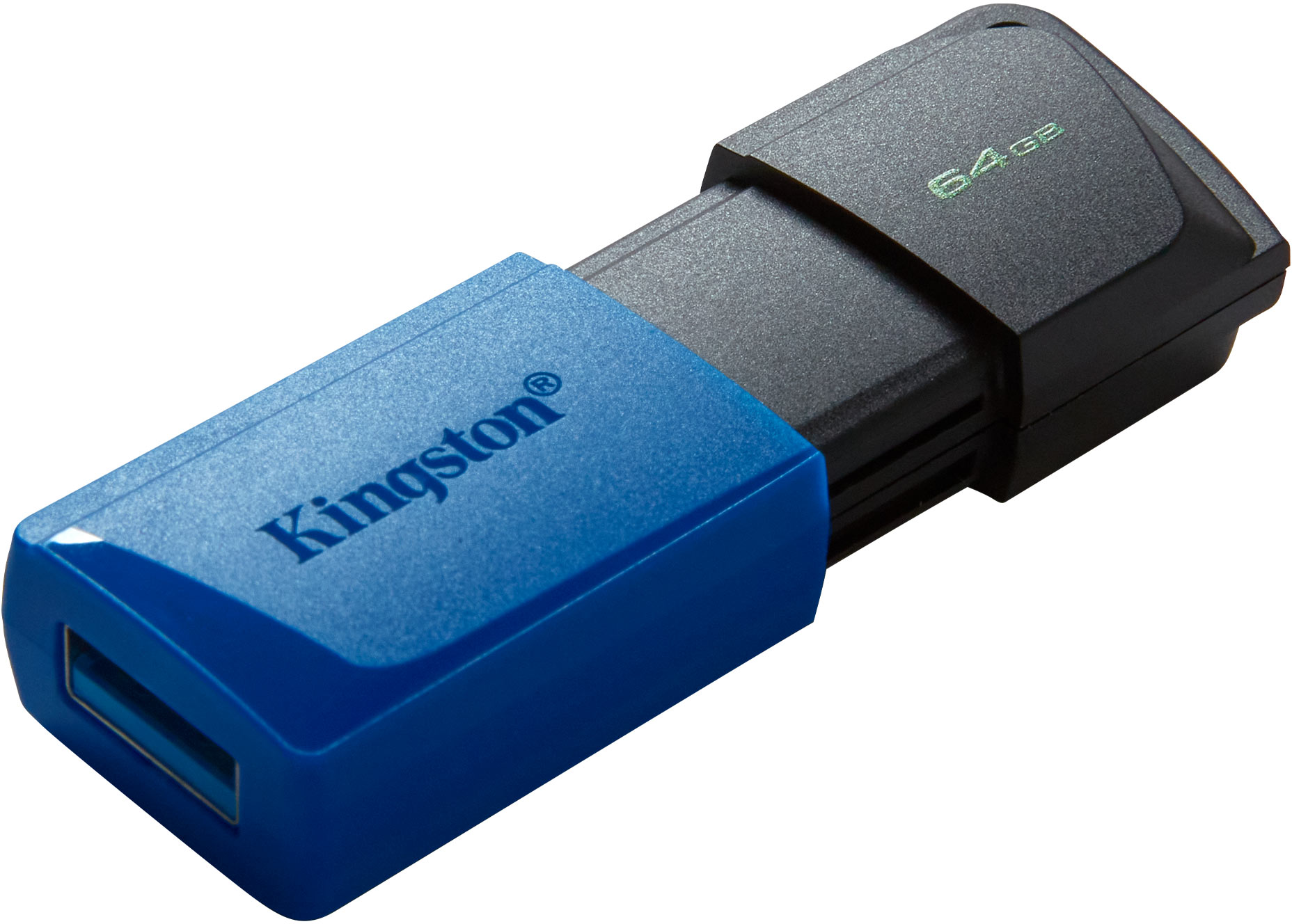 Kék-fekete Kingston USB meghajtó, Kingston logóval és 64 GB kapacitással.