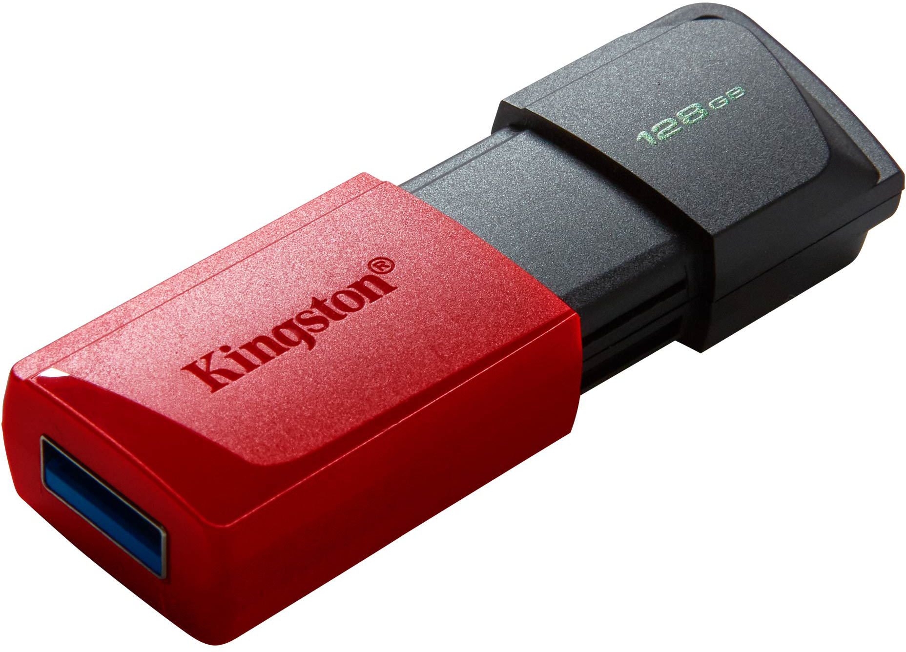 Piros-fekete Kingston USB meghajtó, Kingston logóval és 128 GB kapacitással.