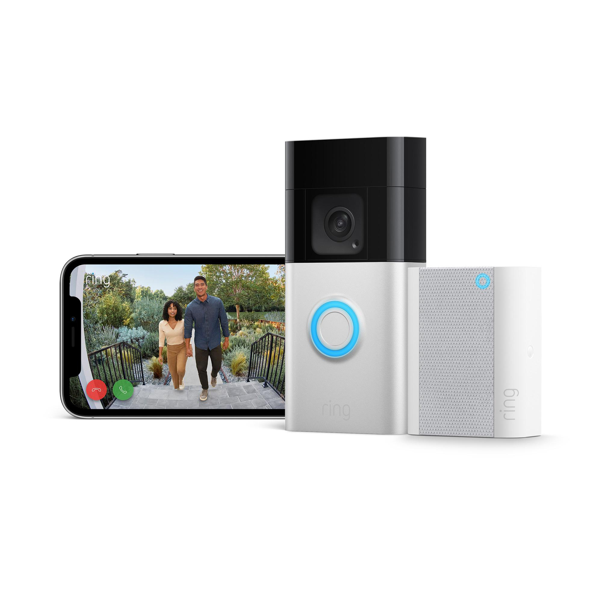 Ein Smartphone zeigt zwei Personen. Eine Ring-Türklingel und ein Gong sind rechts. Die Türklingel hat ein blaues Licht.