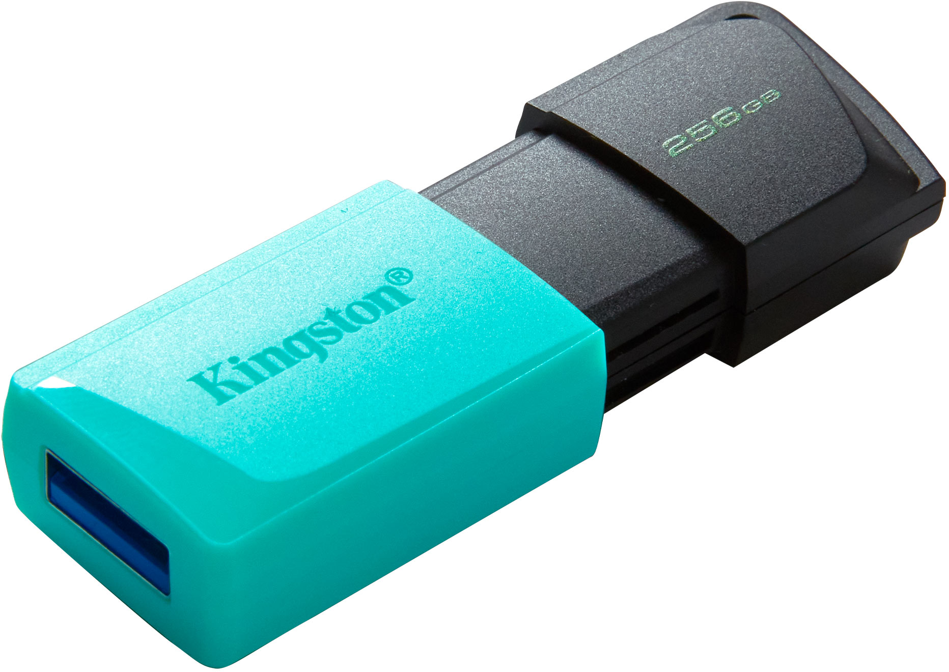 Türkiz és fekete USB meghajtó Kingston márkajelzéssel.