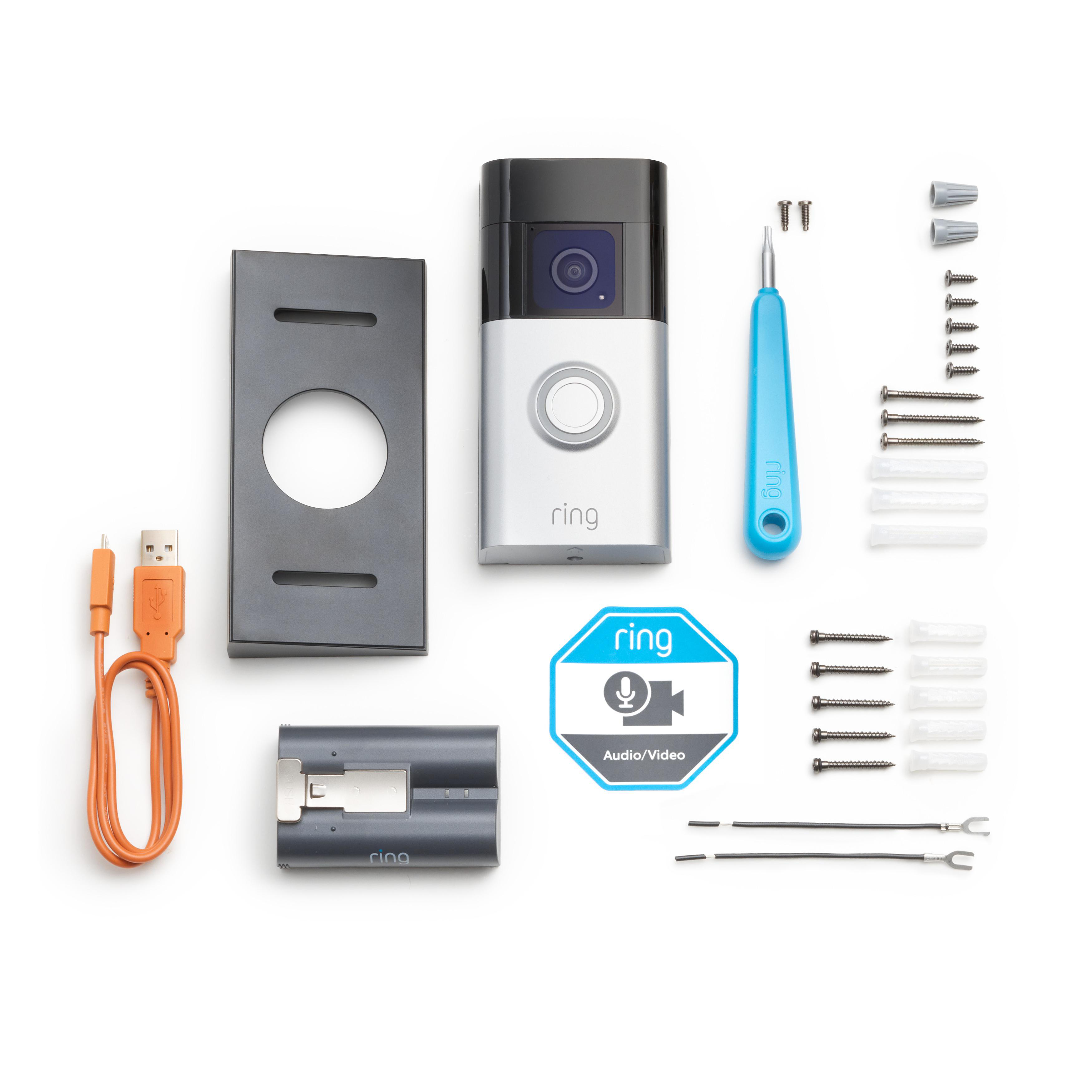 Ring-Türklingel-Kit auf Weiß. Enthält Türklingel, Halterung, Schrauben und Drähte.
