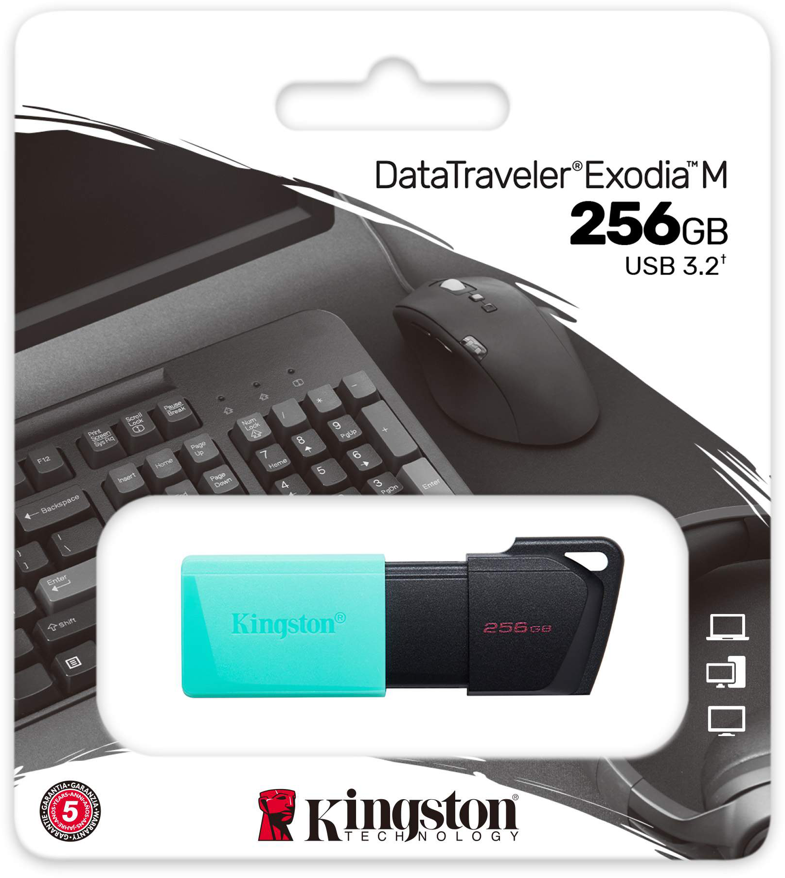 Egy türkiz színű kupakkal ellátott USB-meghajtó egy csomagban, billentyűzettel és egérrel.