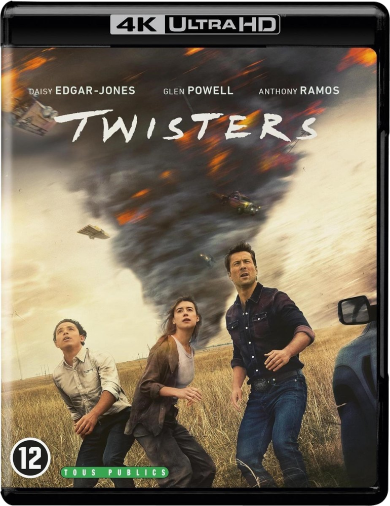 Couverture du film 4K Ultra HD de Twisters. Les acteurs regardent une tornade.