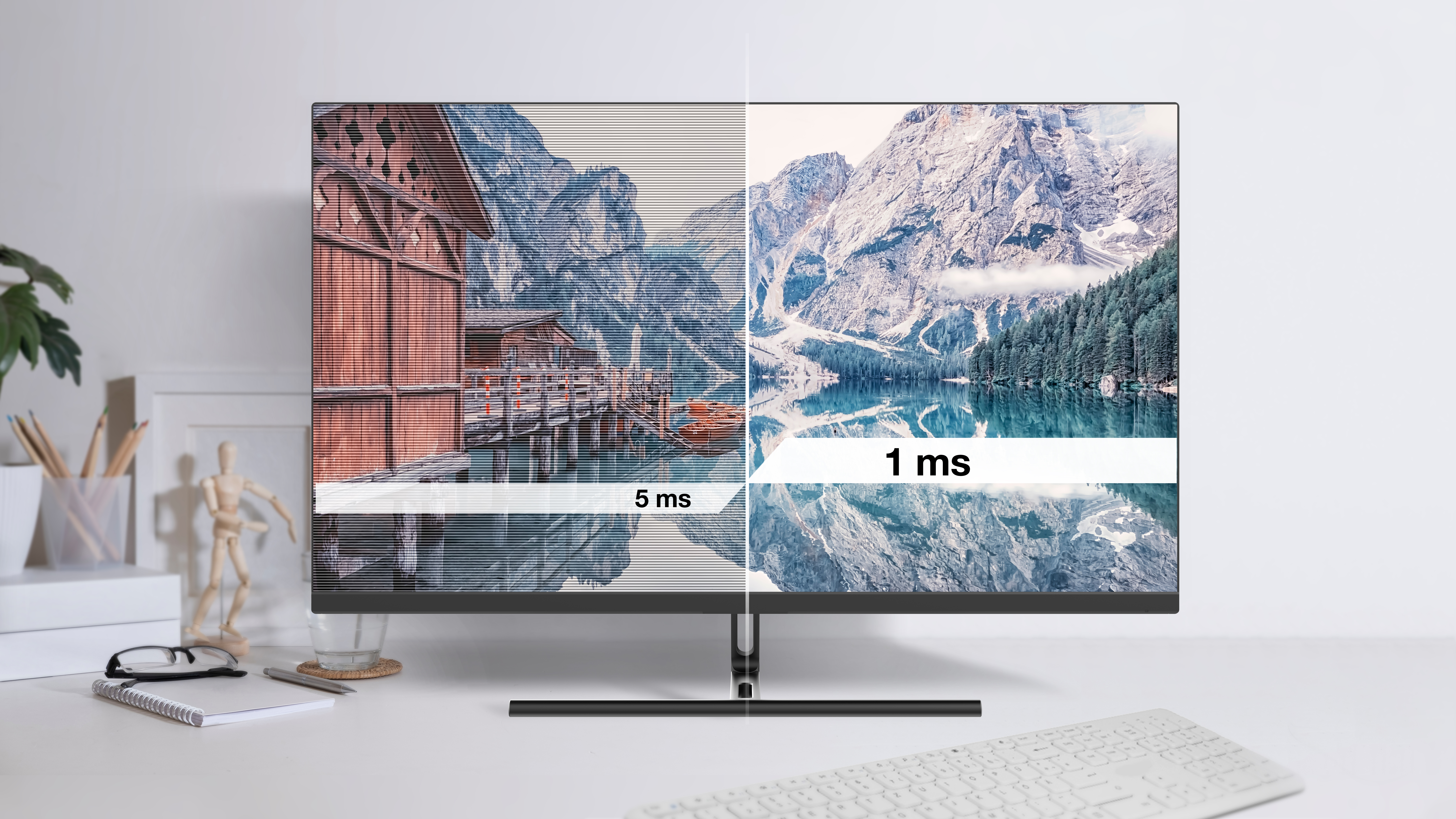Monitor zeigt Landschaftsszene. Vergleich 5ms Reaktion zu 1ms.