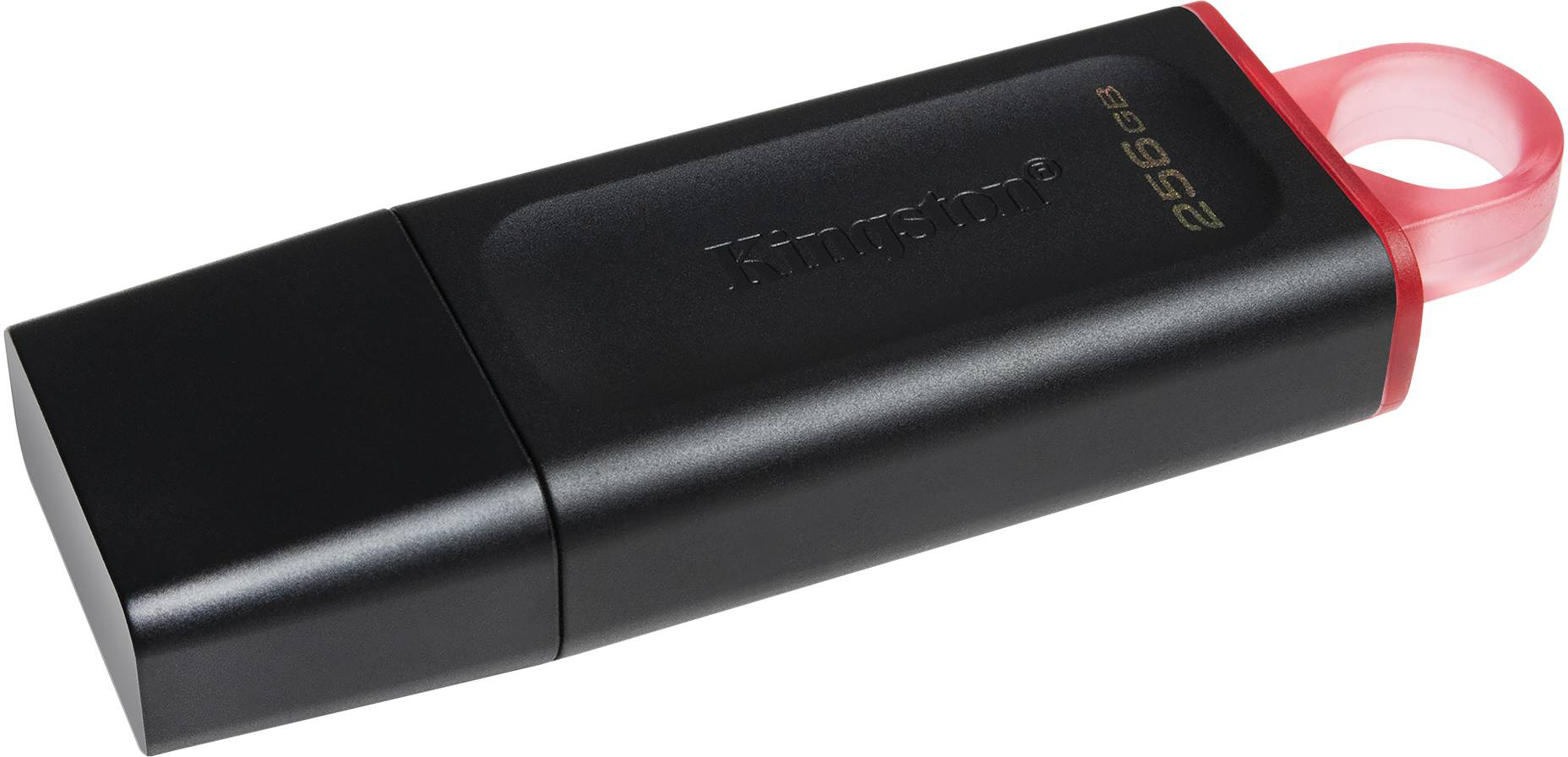 Fekete USB meghajtó piros hurokkal, fehér háttér. 256GB felirat.