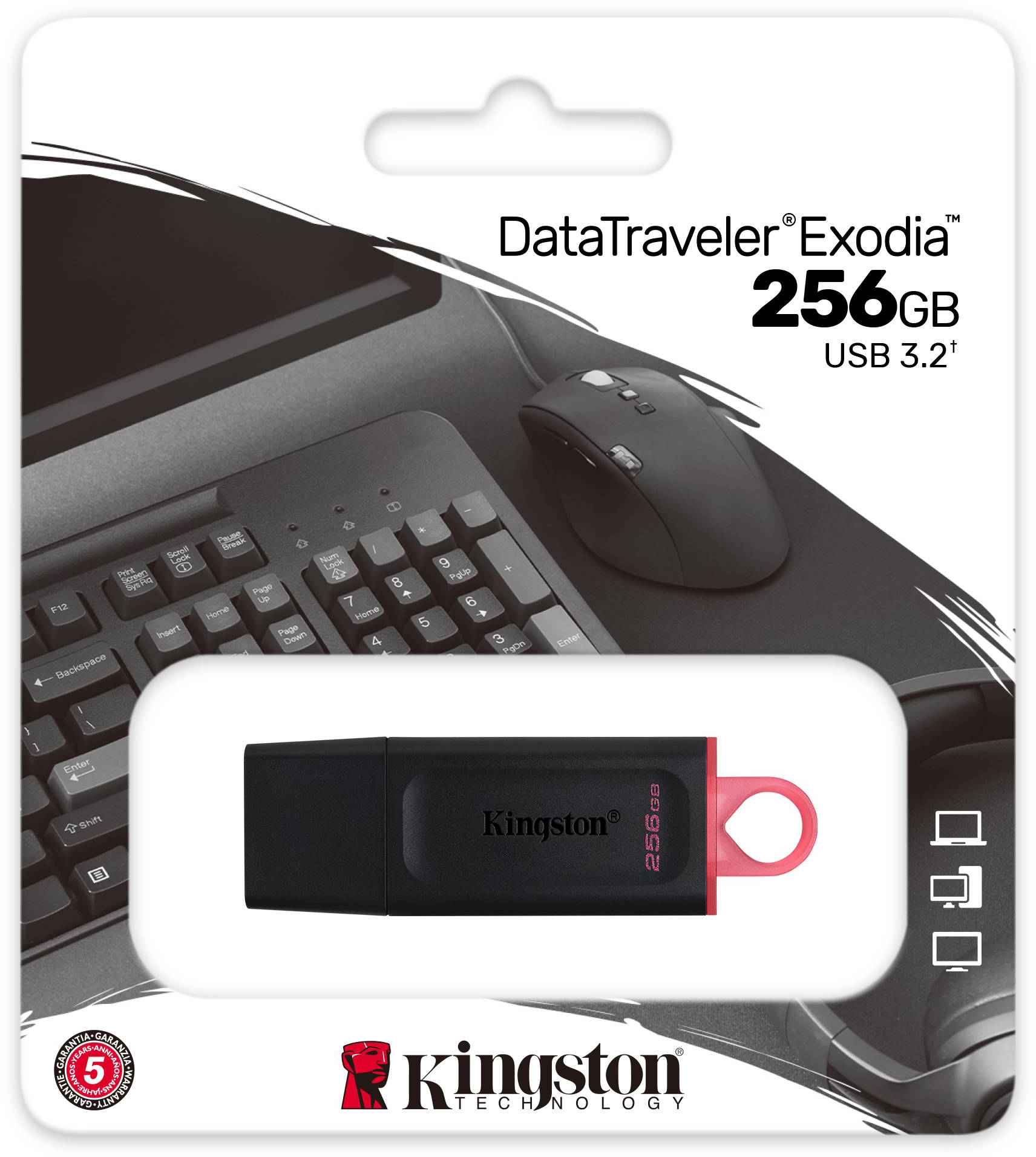Kingston DataTraveler Exodia USB-meghajtó fekete testtel és rózsaszín gyűrűvel. Egér és billentyűzet látható.