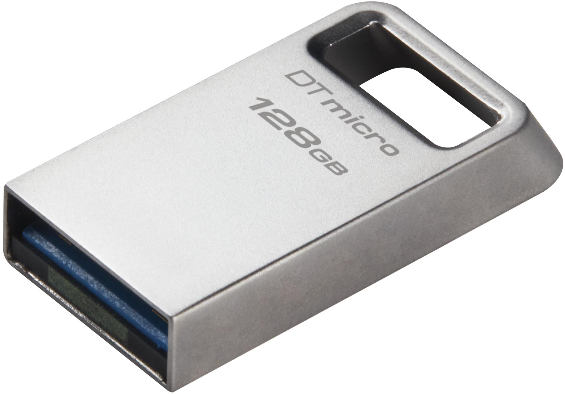 Ezüst USB flash meghajtó 128 GB kapacitással.