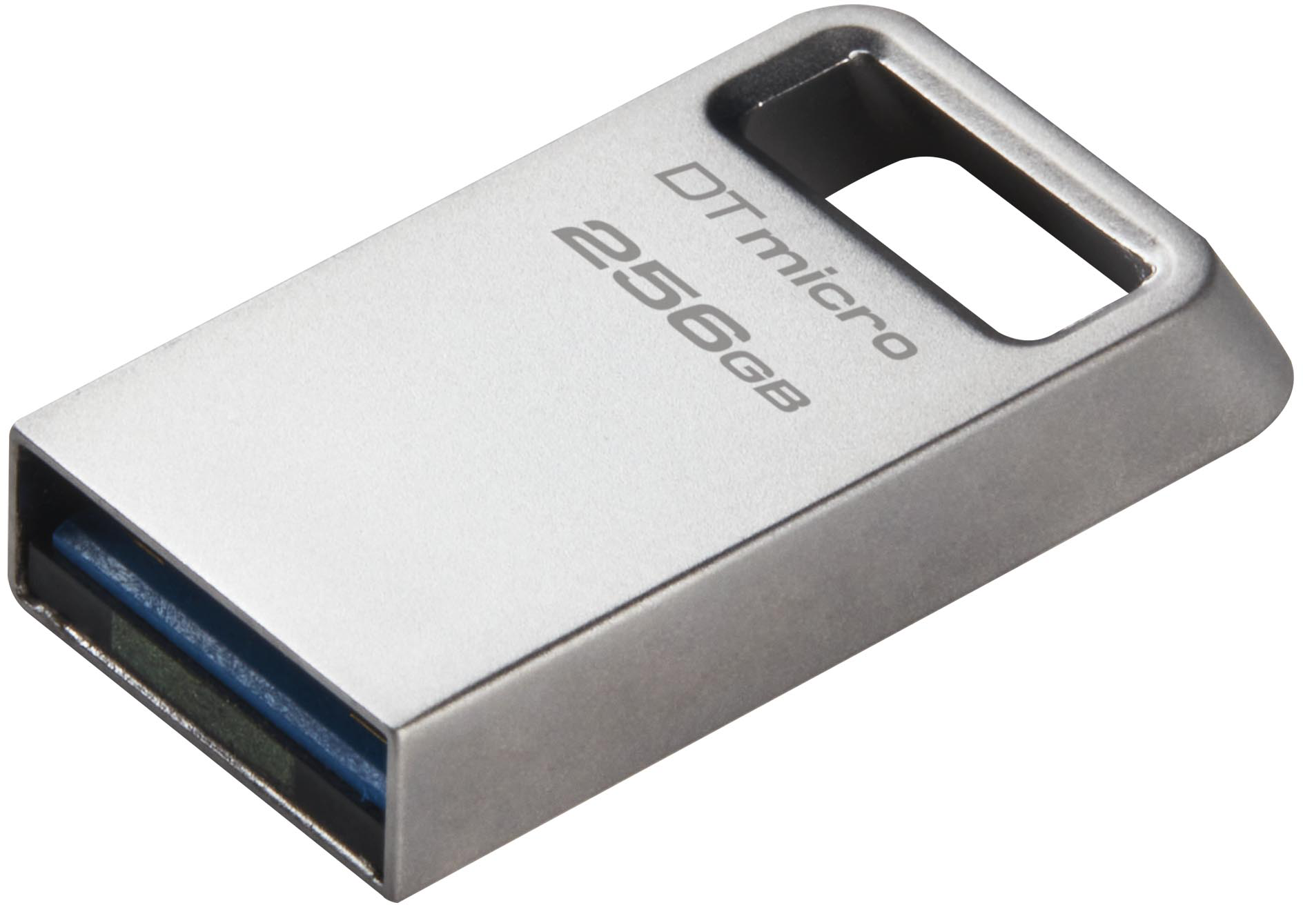Ezüst USB flash meghajtó, szögletes nézet. A 'DTmicro 256GB' felirat látható az oldalán.