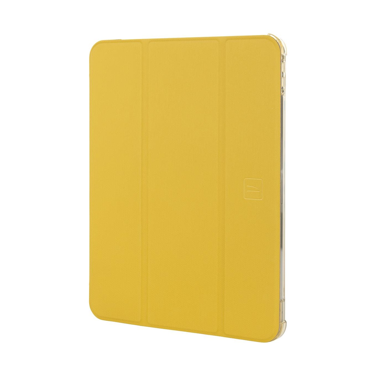 Custodia gialla per tablet, piegata, mostra la copertina anteriore. Sfondo bianco.