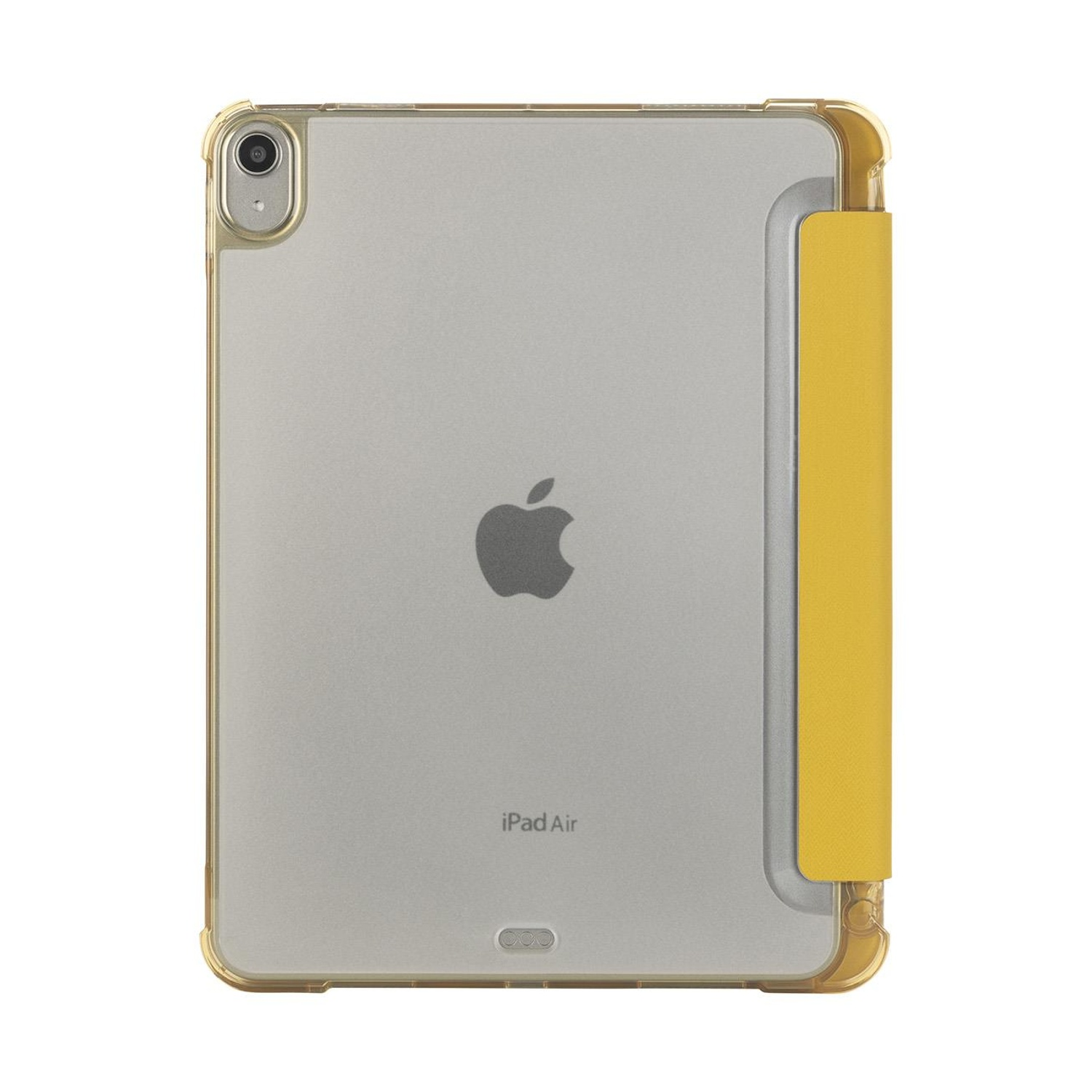 iPad Air in una custodia protettiva trasparente e gialla con logo Apple.