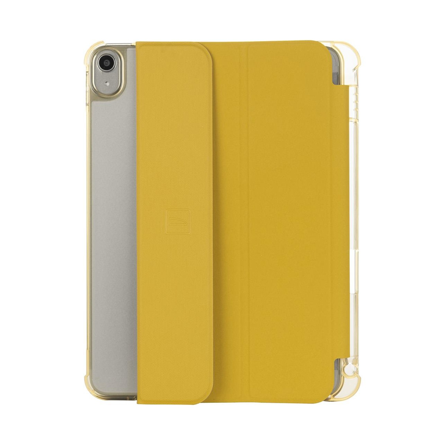Custodia gialla per iPad, con una copertura ripiegata sul dispositivo.