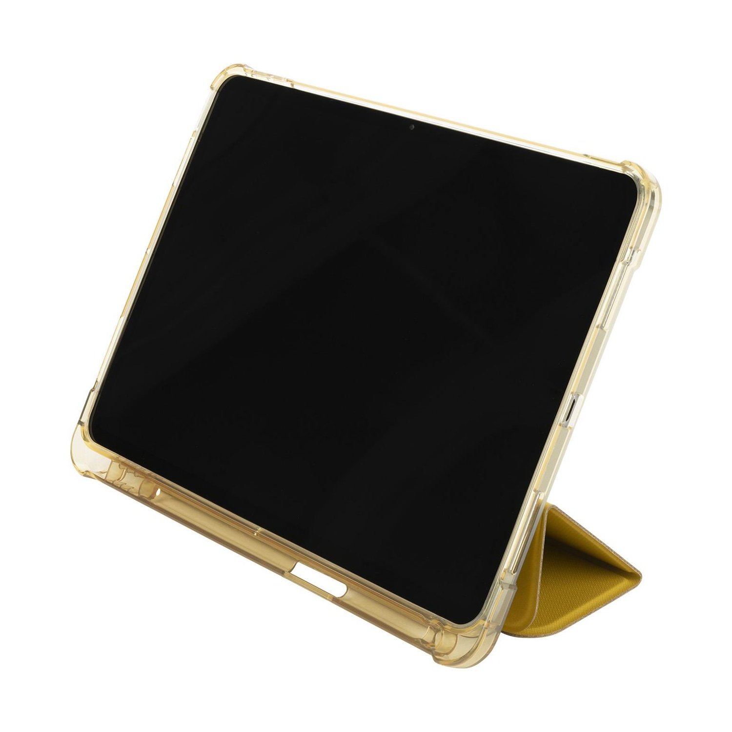 Tablet in custodia trasparente sorretto da supporto giallo, su sfondo bianco.