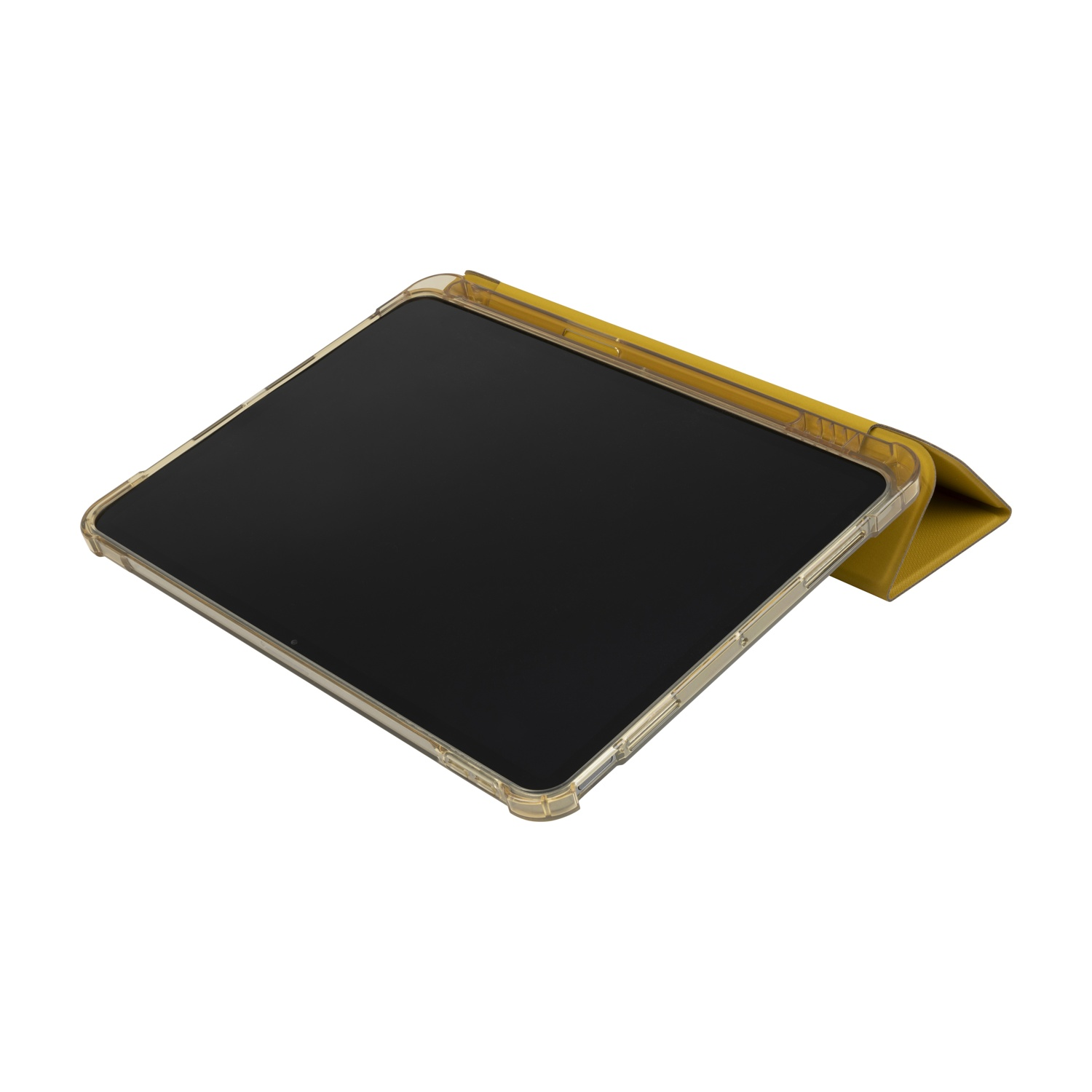 Un iPad in una custodia a libro gialla su una superficie bianca. La custodia è aperta, mostrando lo schermo nero dell'iPad.