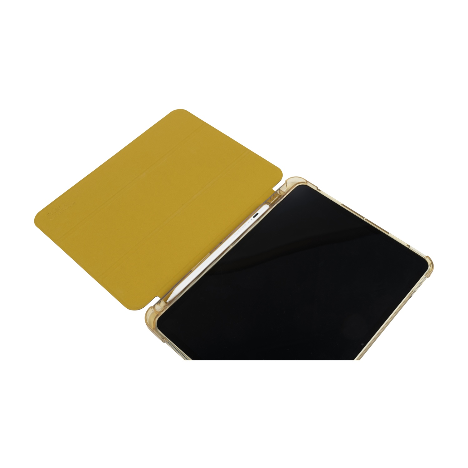 Tablet giallo in una custodia trasparente con una cover gialla.