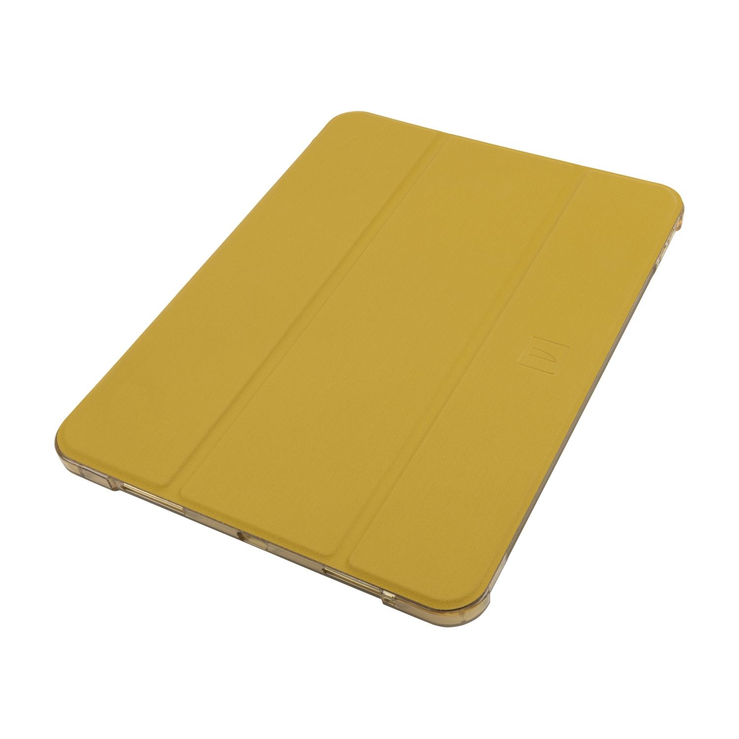 Custodia gialla per iPad, che mostra la cover chiusa su una custodia trasparente.