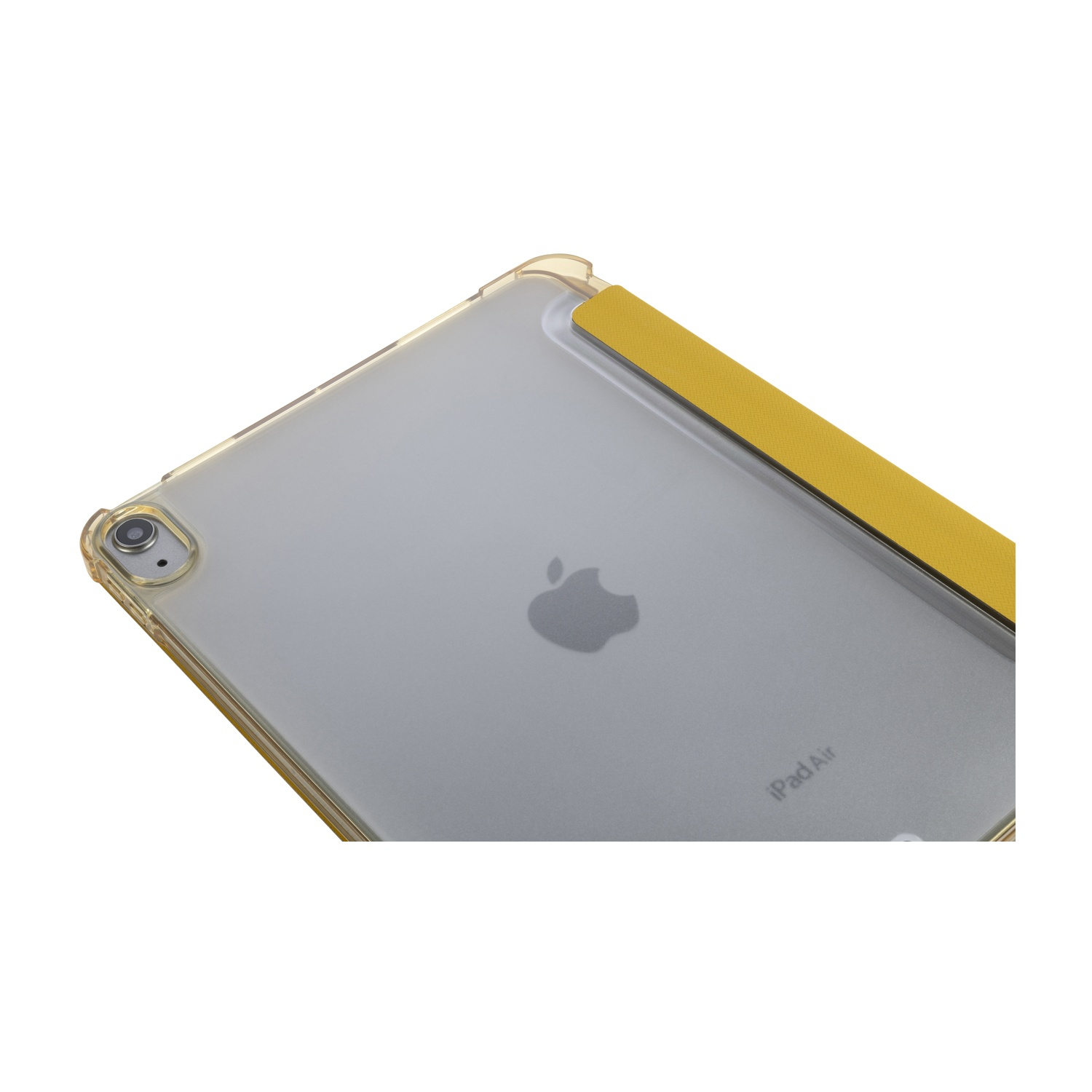 Retro iPad Air, custodia gialla, logo Apple, fotocamera, vista angolare, sfondo bianco.
