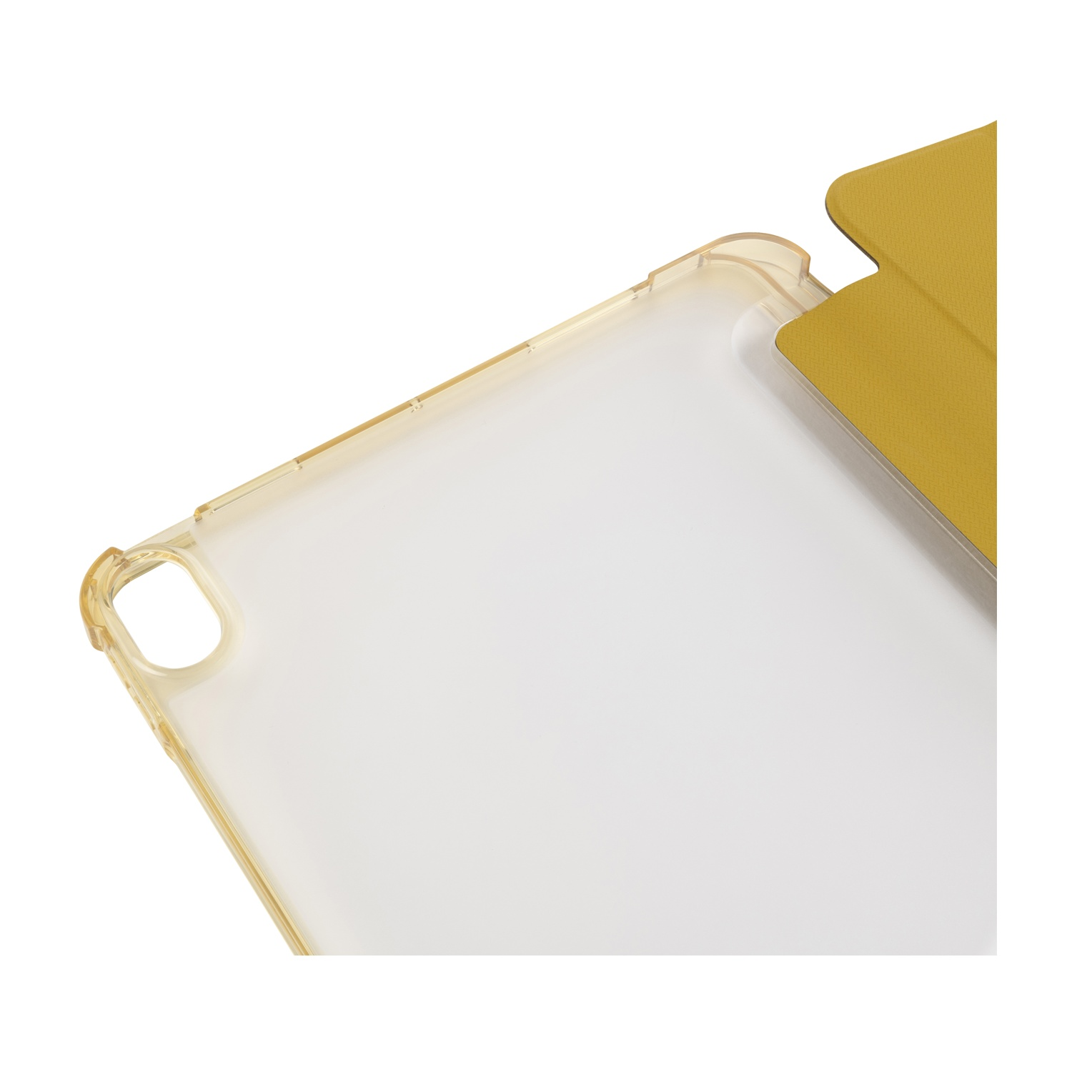 Primo piano di una custodia trasparente per iPad con una cover gialla.