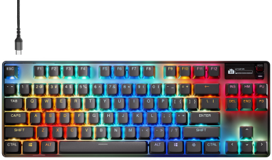 Schwarze Tastatur mit Regenbogen-LED-Leuchten, USB-Kabel angeschlossen.