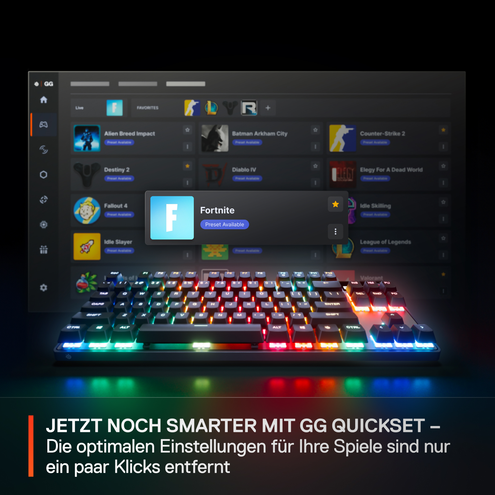 Eine Tastatur mit RGB-Beleuchtung vor einer Gaming-Oberfläche.