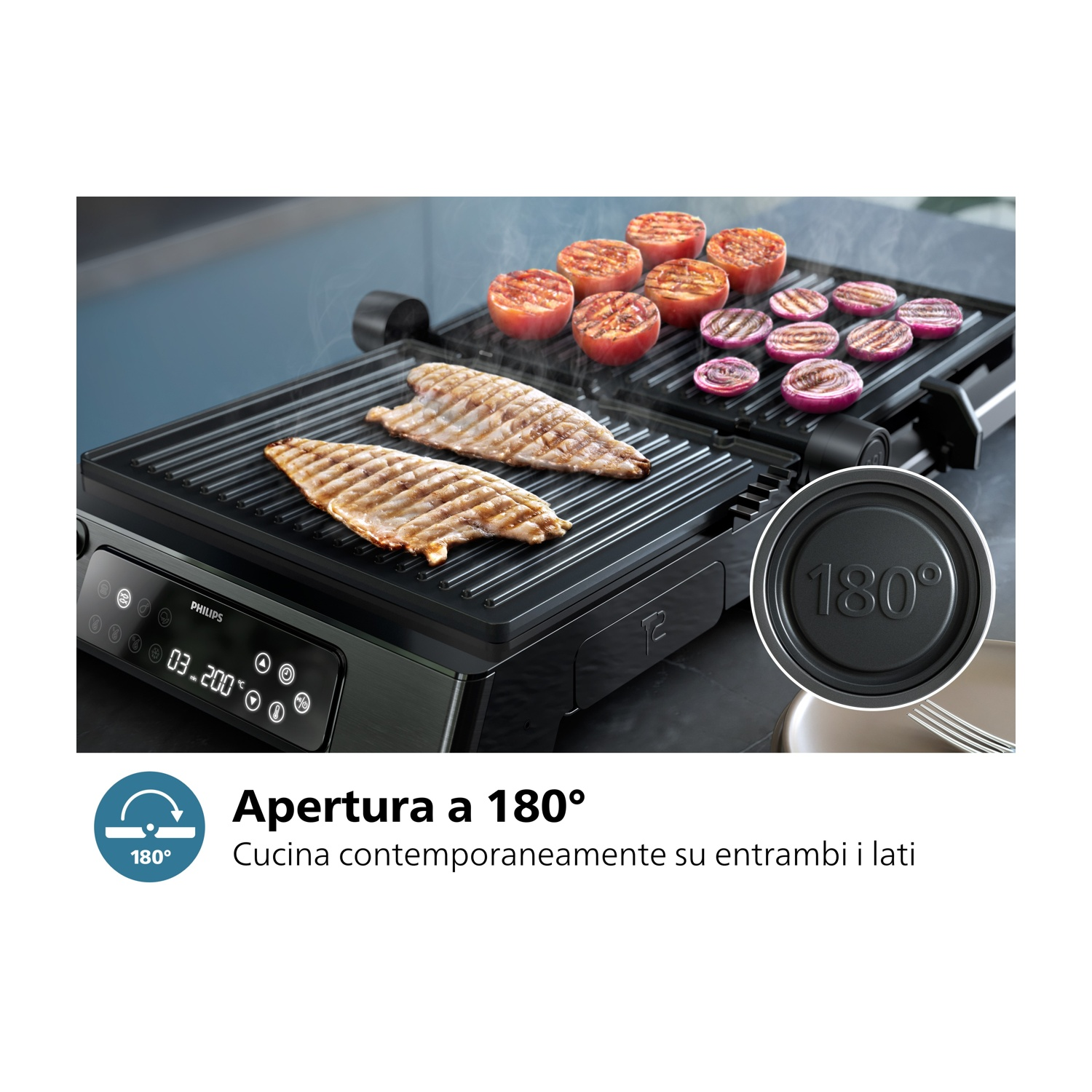 Griglia nera con pesce e verdure.
