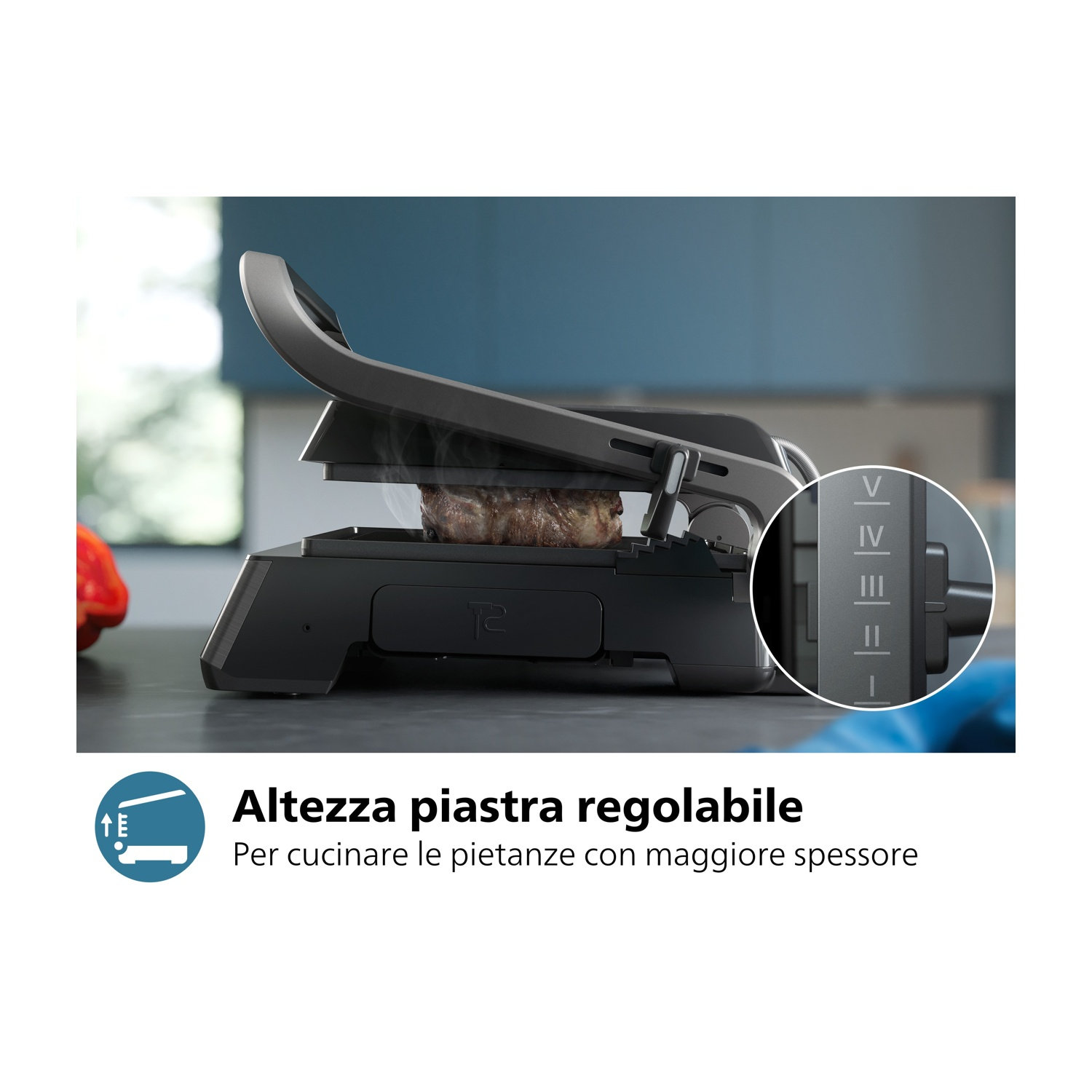 Piastra nera con bistecca, altezza regolabile e pannello di controllo.
