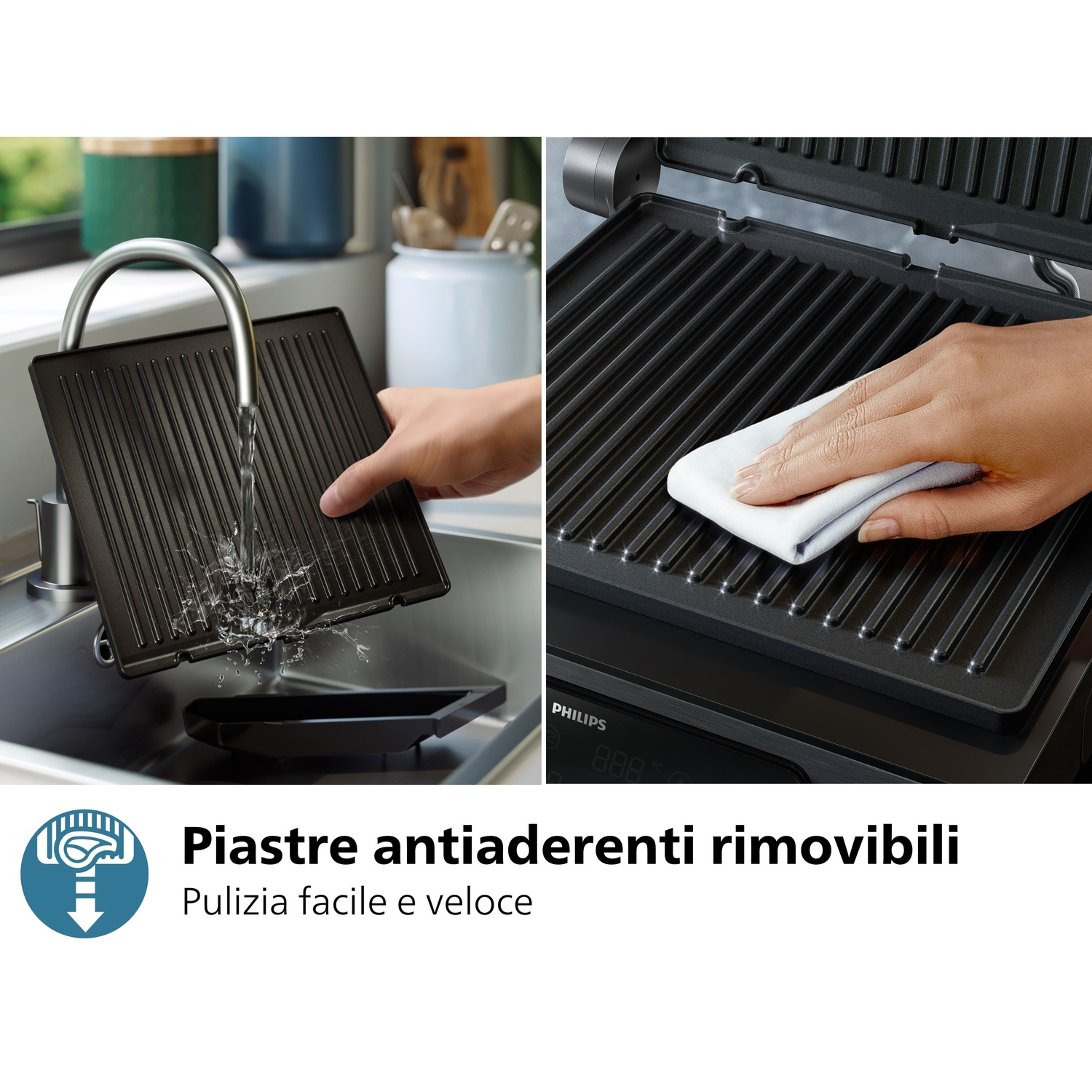 Mani che puliscono una piastra per griglia sotto l'acqua corrente, con testo sulle piastre antiaderenti rimovibili.