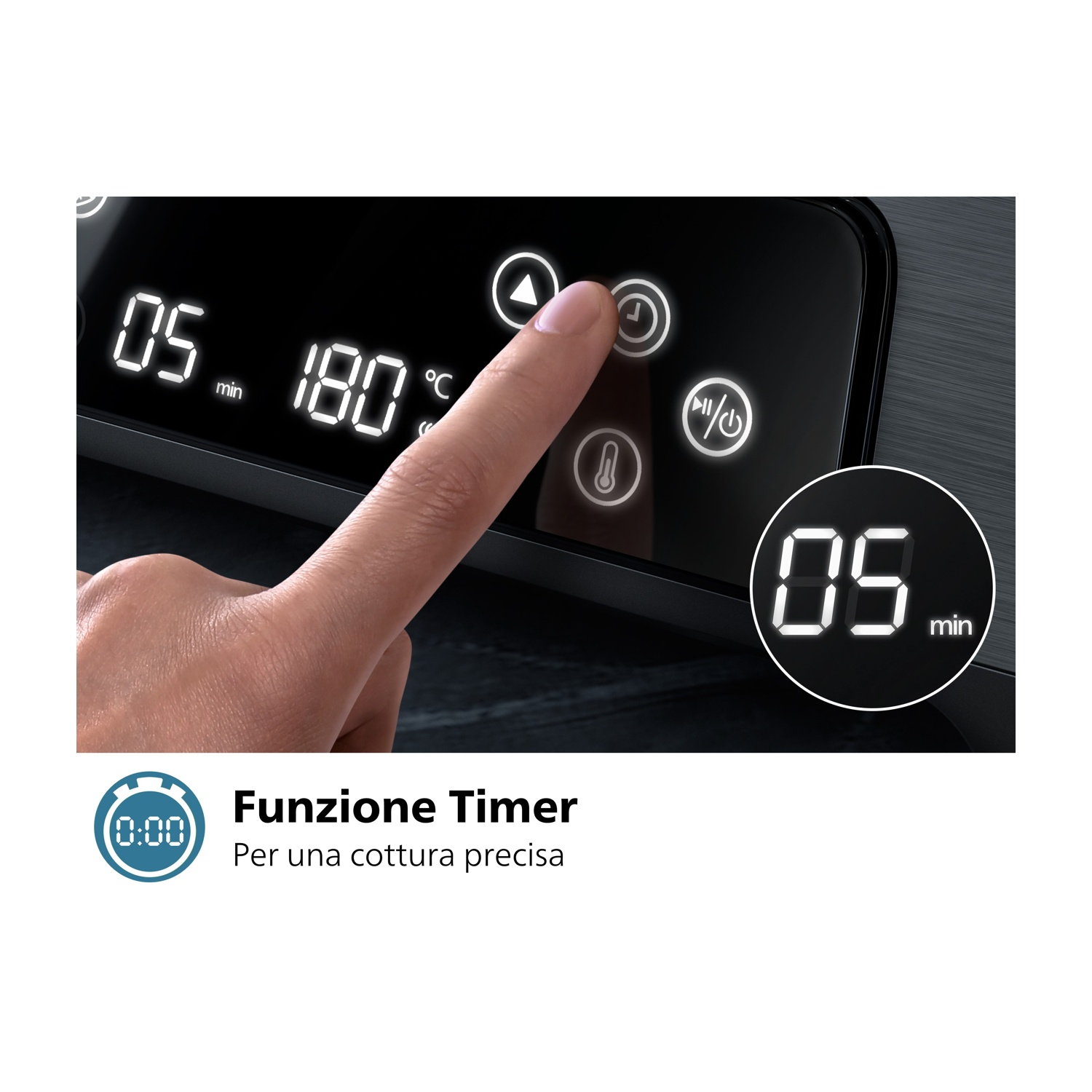 Primo piano di una mano che preme un pulsante su una griglia da interno con display del timer.