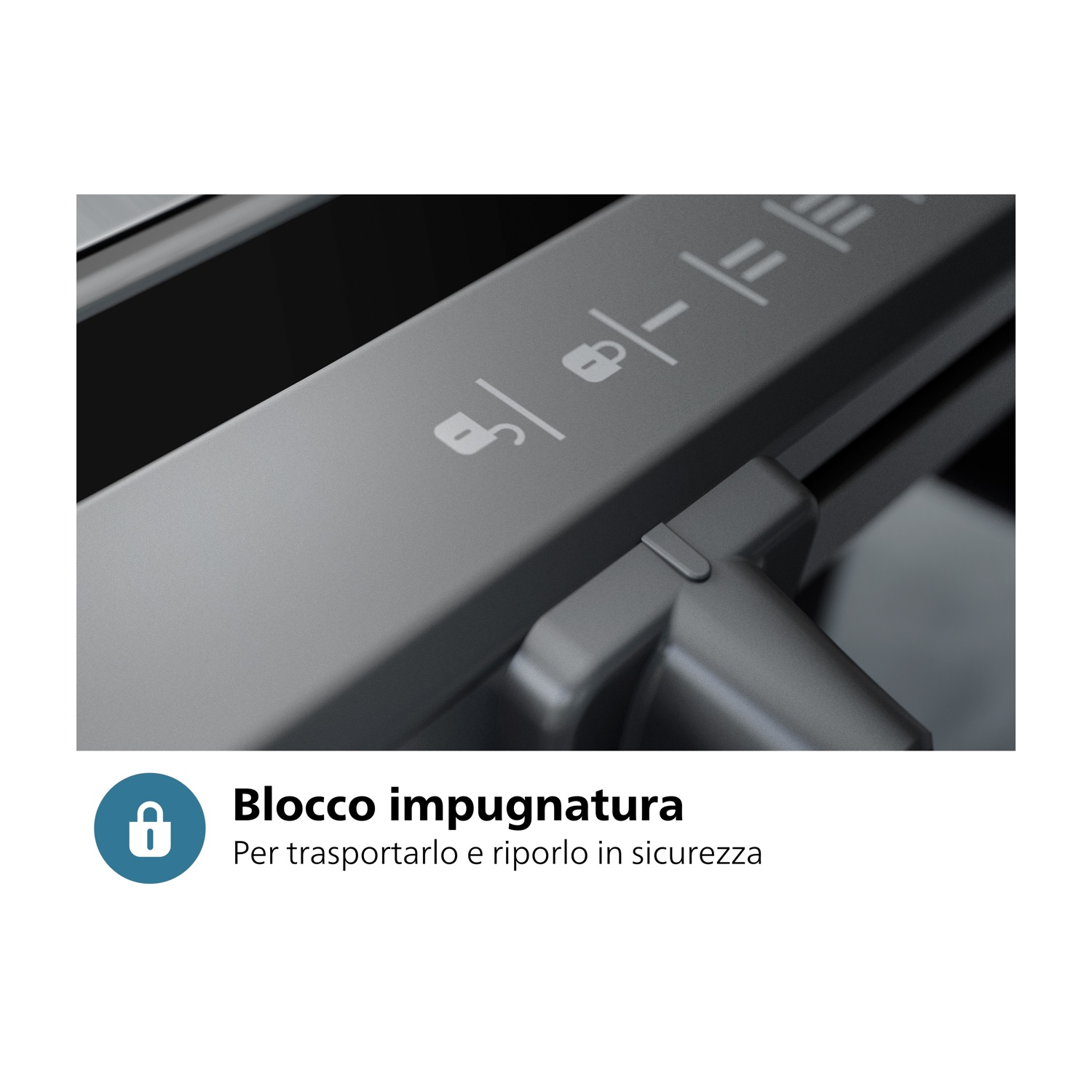 Primo piano del blocco maniglia di una griglia da interno, che mostra il meccanismo di bloccaggio.