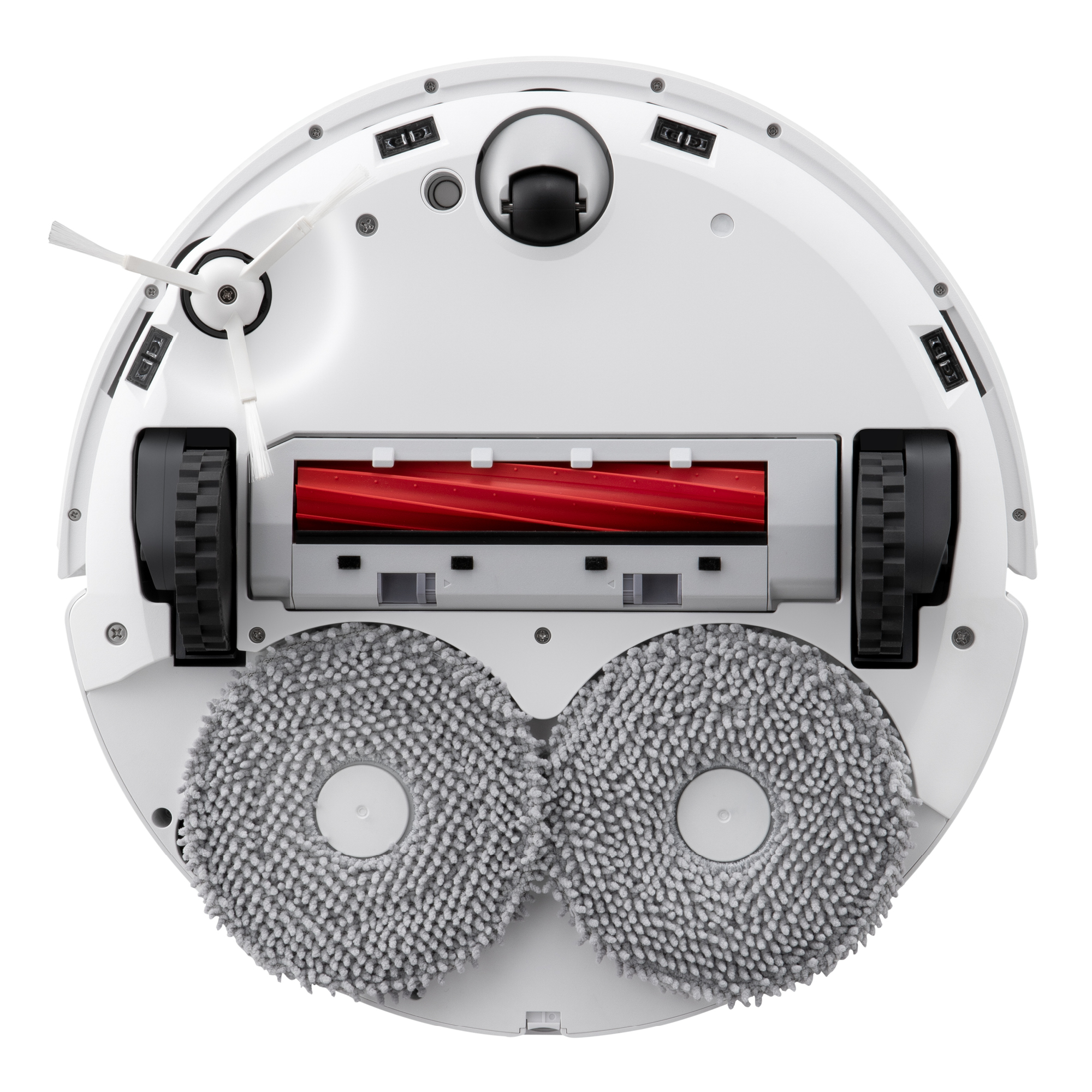 Unterseite eines weißen Roborock Staubsaugers mit Reinigungspads und Rädern.
