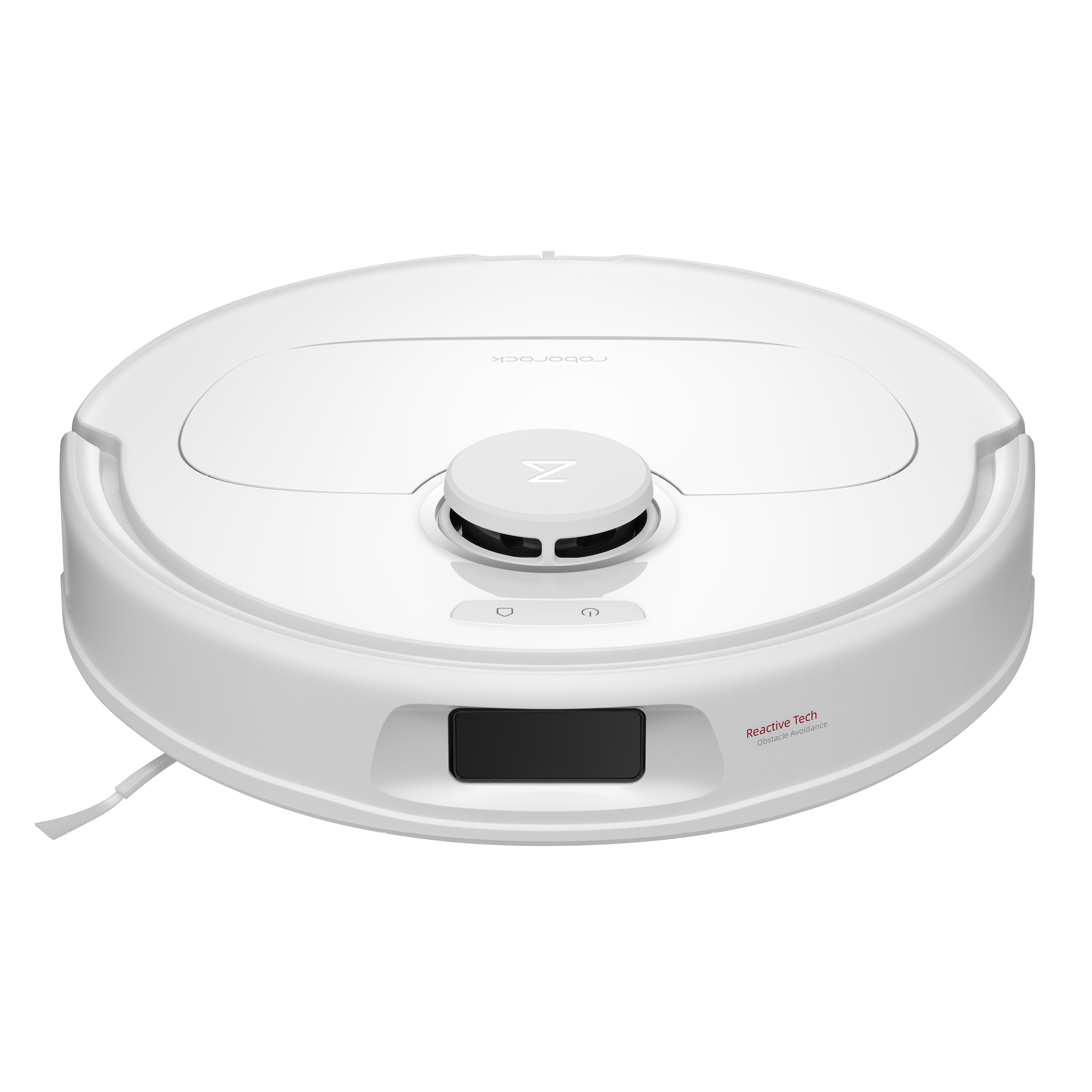 Weißer Roborock Staubsauger. Draufsicht, mit Ein-Aus-Taste und Logo.